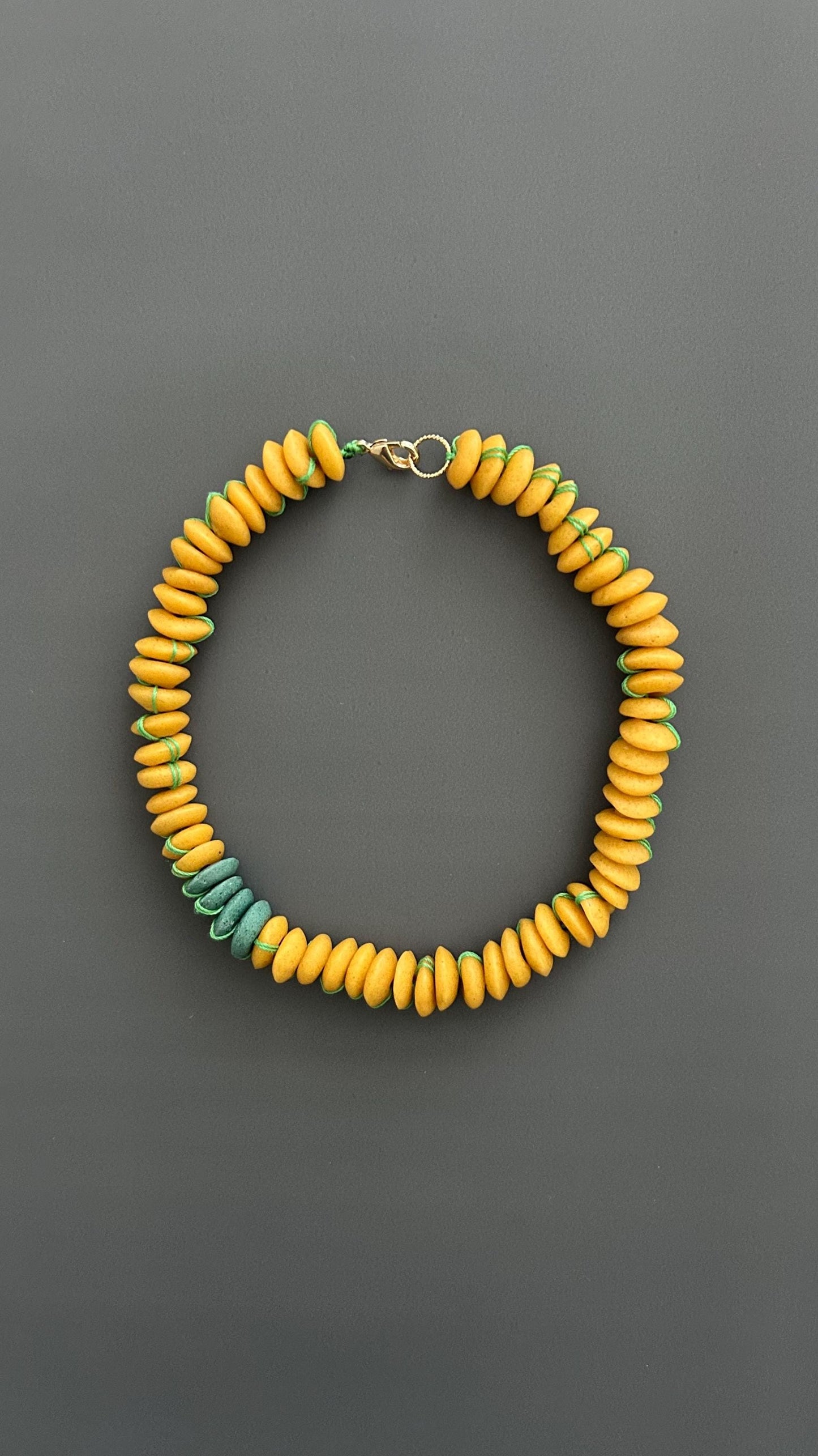 Yellow Flat Bead Choker, Green Silk Gold Plated Necklace, Dainty Bridesmaid Gift Jewelry