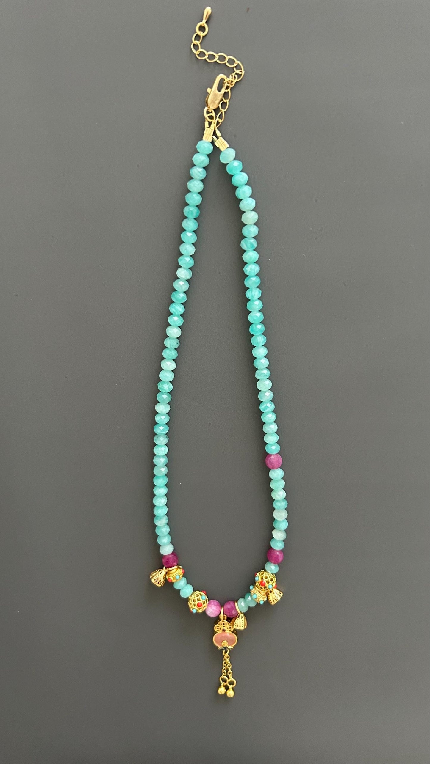 Tibetan Style Amazonite Pendant Necklace: Maximalist Boho Jewelry
