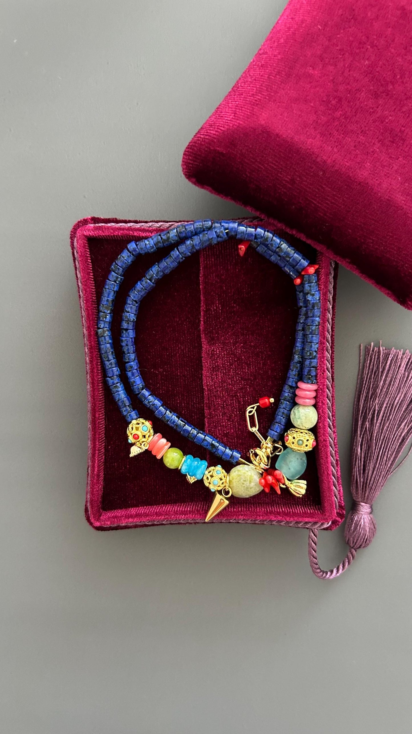 Lapis Lazuli Authentic Necklace Red Coral Accents Gold Charm Necklace Handmade Colorful Artisan Jewelry
