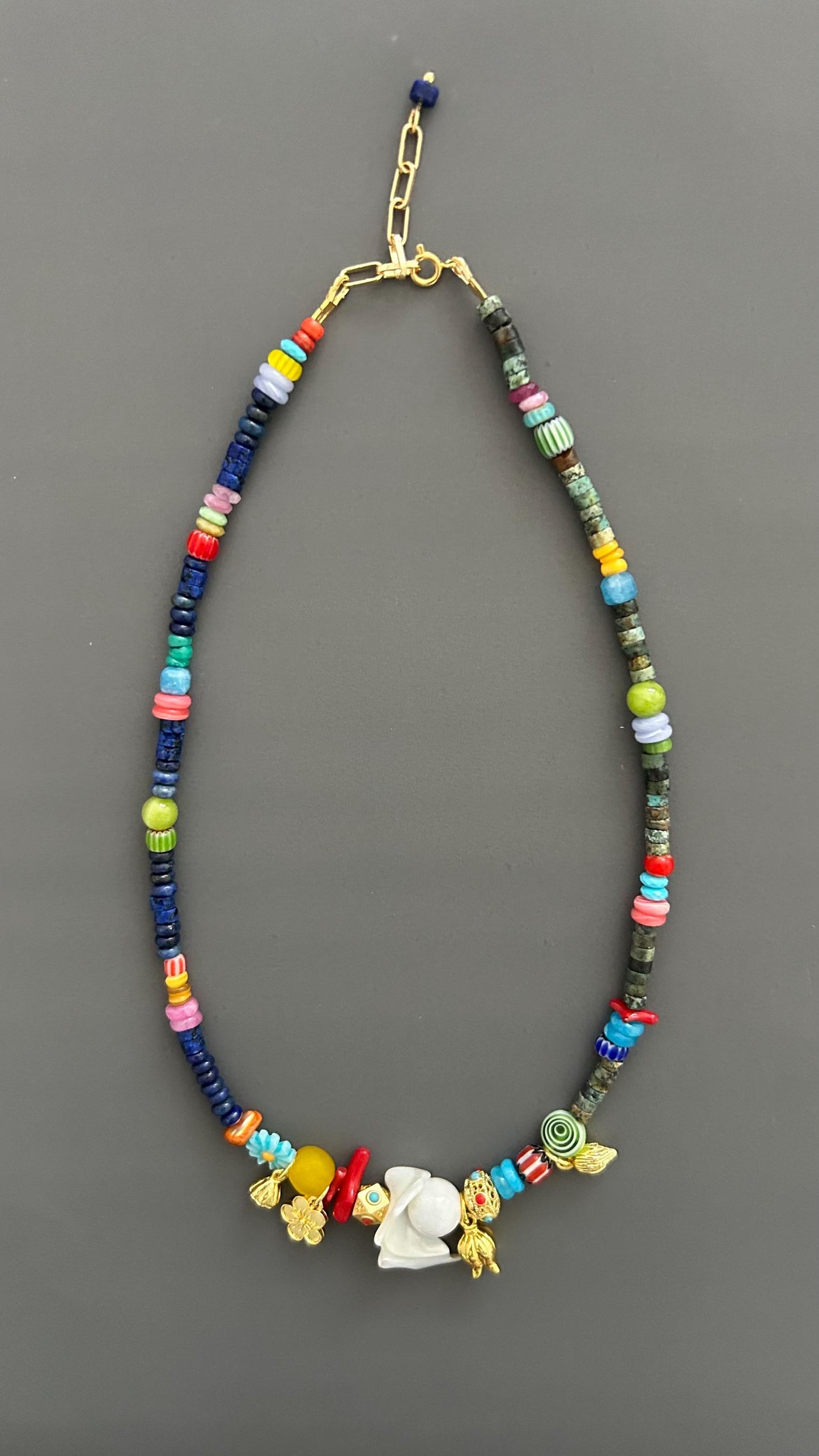 Boho Beaded Necklace with Shell Pendant, Colorful Gemstone Necklace, Handmade Statement Jewelry, Eclectic Artisan Necklace, Festival Jewelry