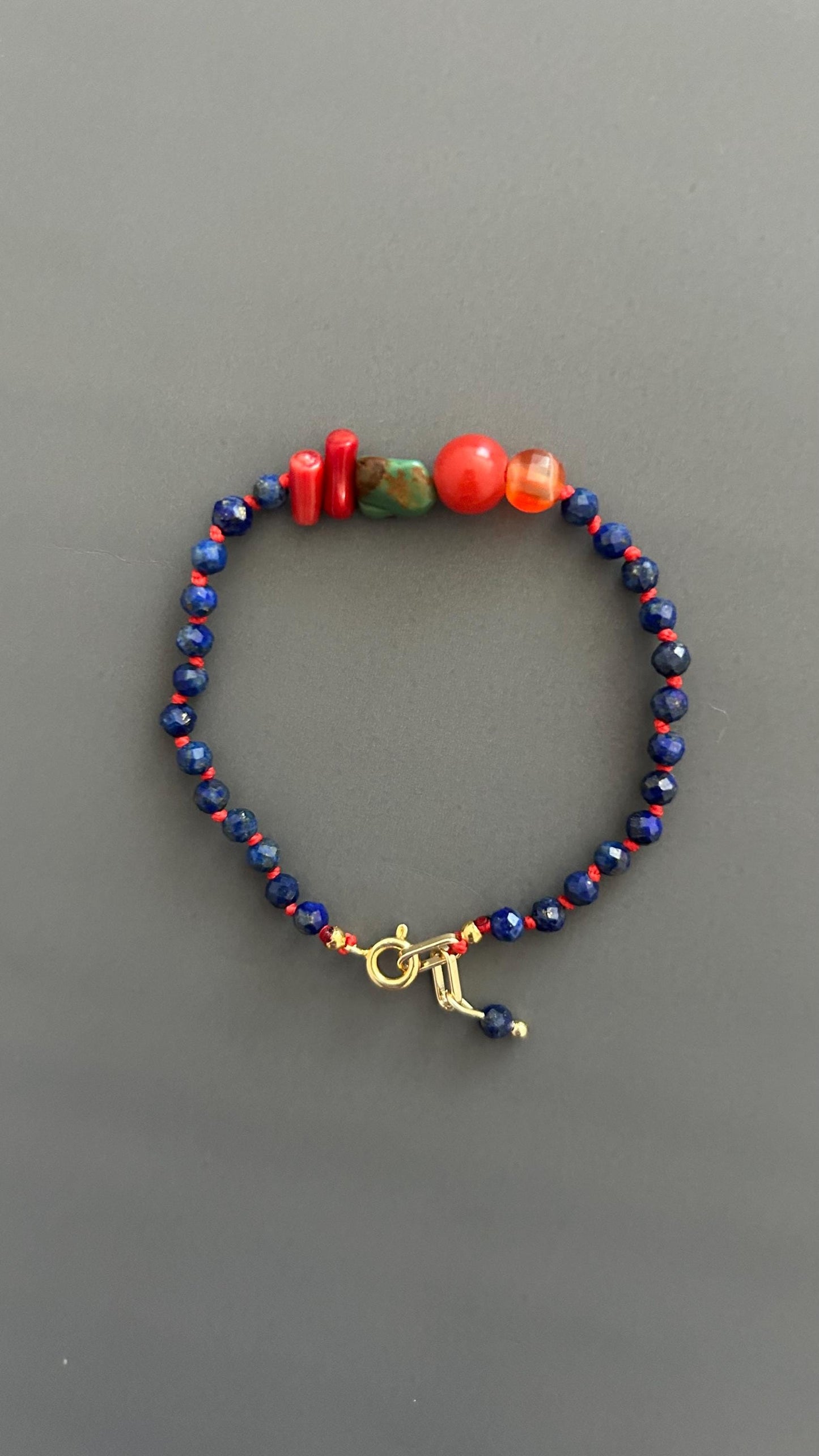 Lapis Lazuli Coral Carnelian Beaded Bracelet, 18K Gold Plated Toggle Clasp, Boho Jewelry