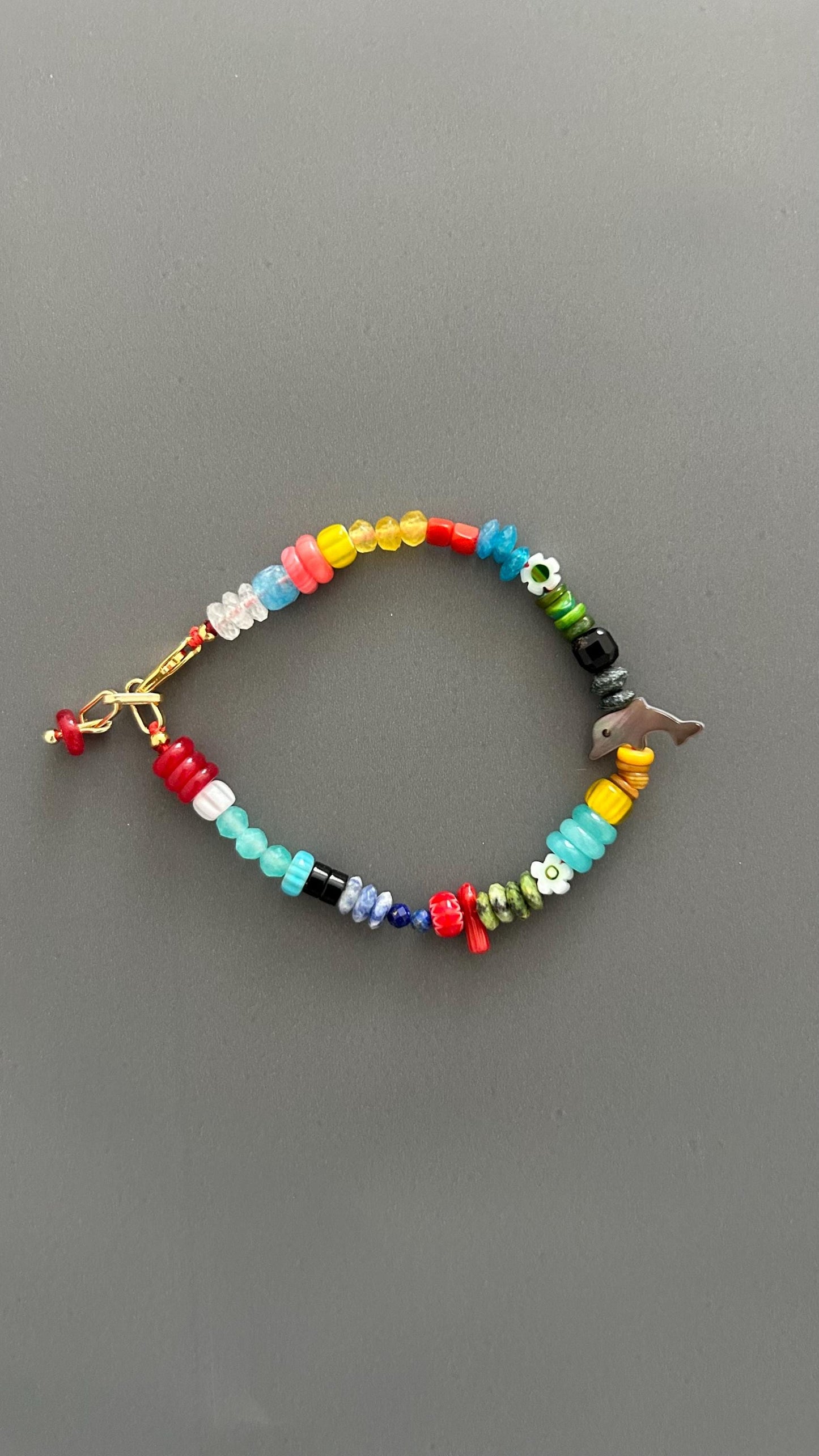 Rainbow Beaded Dolphin Charm Bracelet | Boho Color Pop Artisan Friendship Jewelry Gift