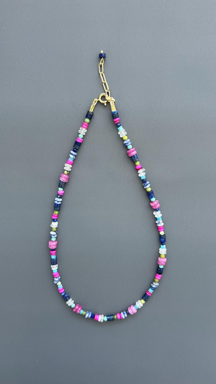Coastal Healing Crystal Beaded Necklace | Lapis Lazuli Moonstone Turquoise Pink Shell | Boho Layering Jewelry