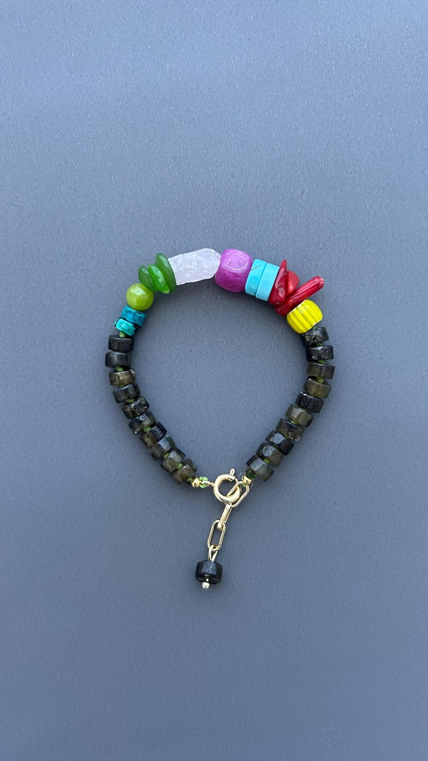 Colorful Gemstone Bracelet, Boho Artisan Beaded Bracelet, Labradorite Jewelry, Heart Toggle Bracelet, Handmade Statement Jewelry, Gift