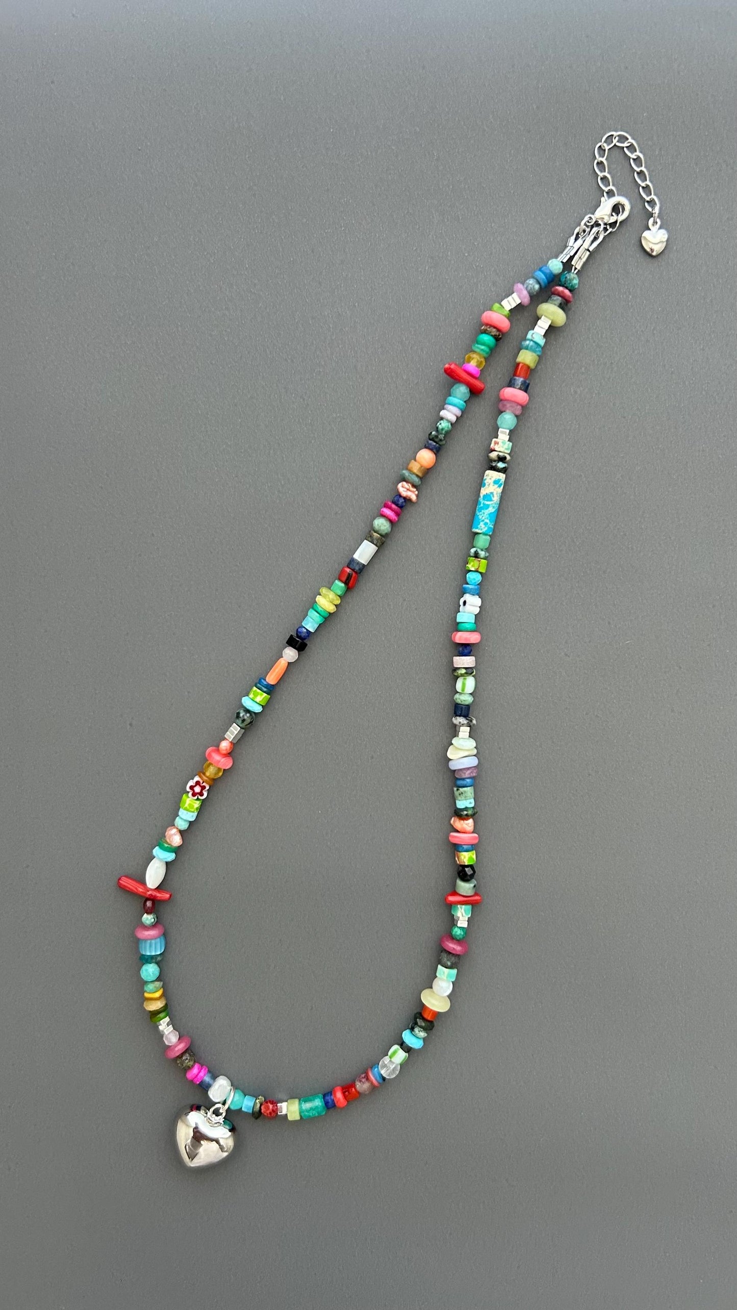 Rainbow Heart Pendant Necklace - Colorful Gemstone Beaded Maximalist Statement Jewelry Adjustable Handmade Artist Necklace