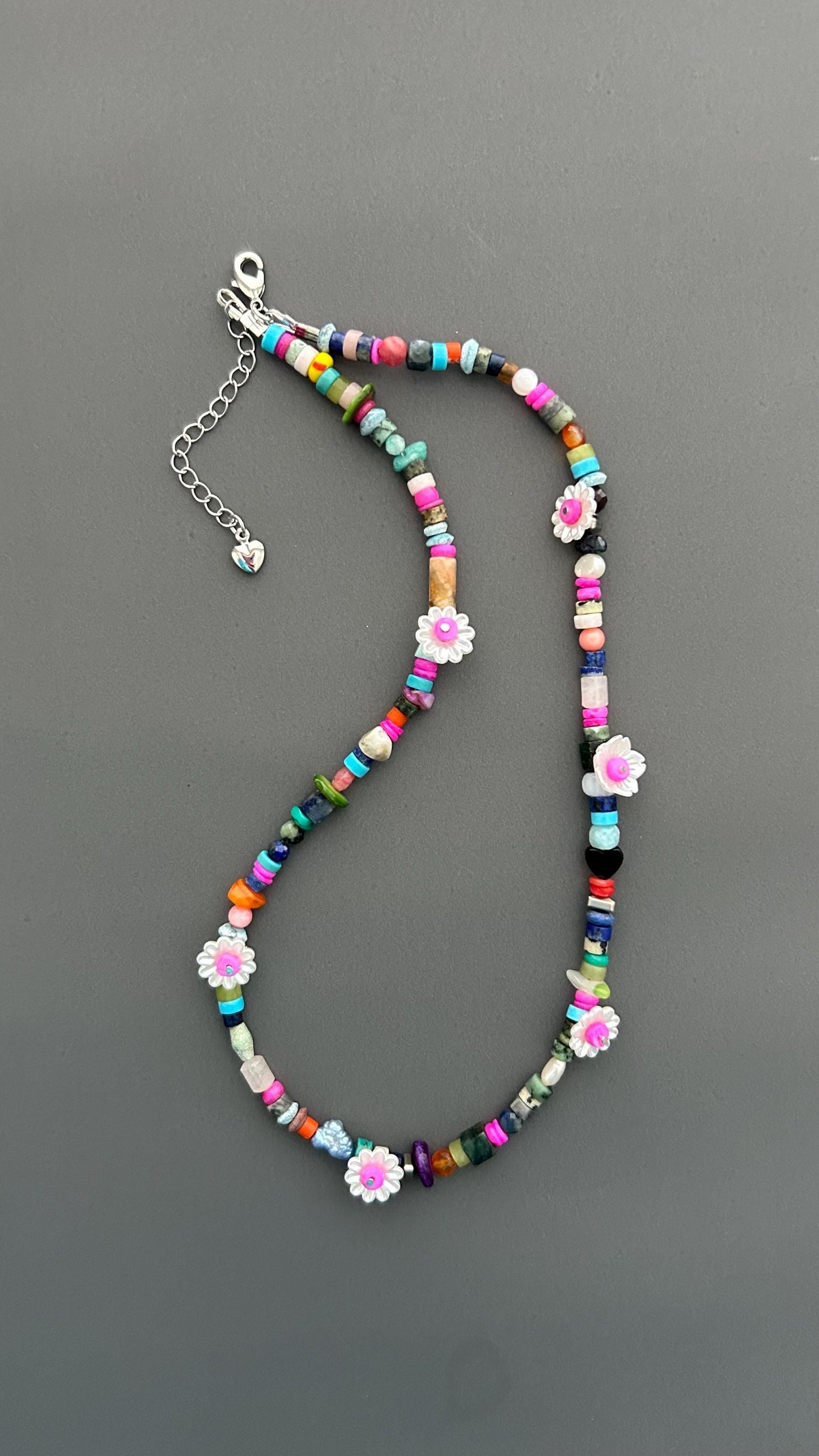 Colorful Flower Beaded Necklace | Boho Gemstone Necklace | Handmade Daisy Jewelry | Summer Layering Necklace | Festival Jewelry Gift