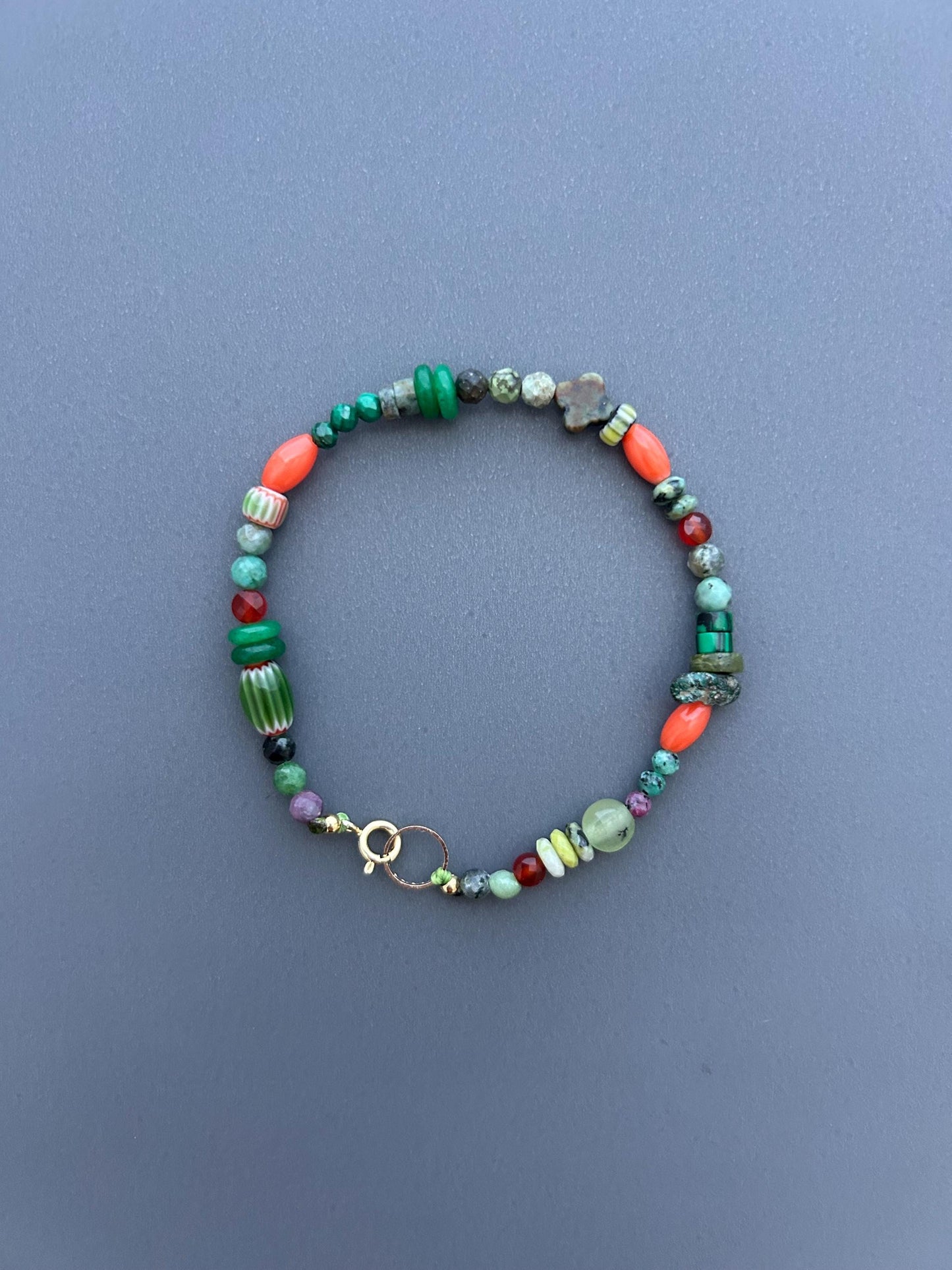 Mixed Gemstone Beaded Bracelet, Green & Coral Boho Bracelet, Handmade Layering Bracelet, Artisan Bead Jewelry, Colorful Everyday Bracelet
