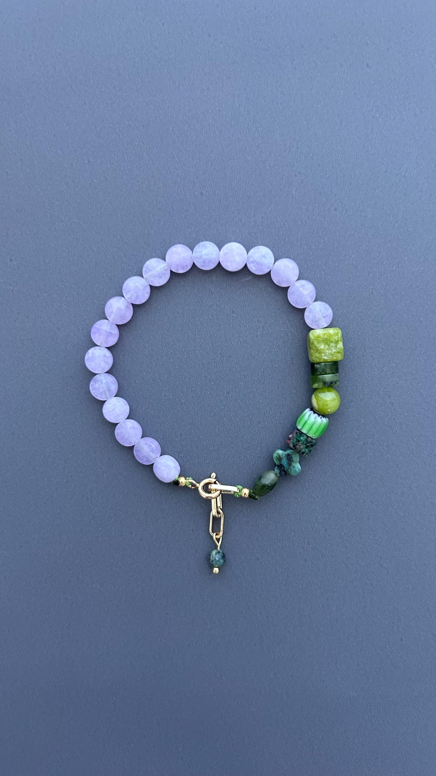 Violet Lavender Jade & Green Gemstone Bracelet, Handmade Beaded Bracelet, 18K Gold Plated Toggle Clasp, Boho Crystal Gift for Her