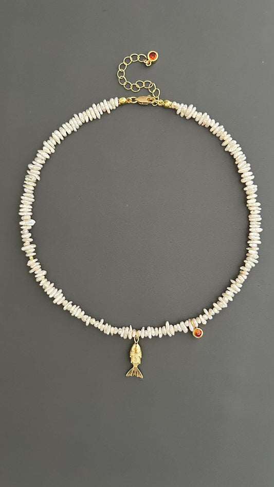 Pearl Pendant Choker, Gold Fish Necklace Bohemian Adjustable Dainty Gift For Her Bridesmaid
