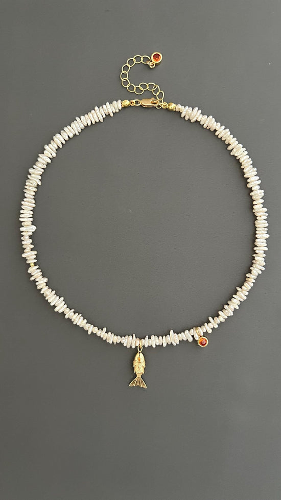 Pearl Pendant Choker, Gold Fish Necklace Bohemian Adjustable Dainty Gift For Her Bridesmaid