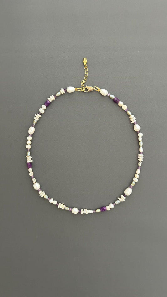 Handcrafted Pearl Choker, Purple Crystal Beaded Bohemian Necklace , Gift for Women