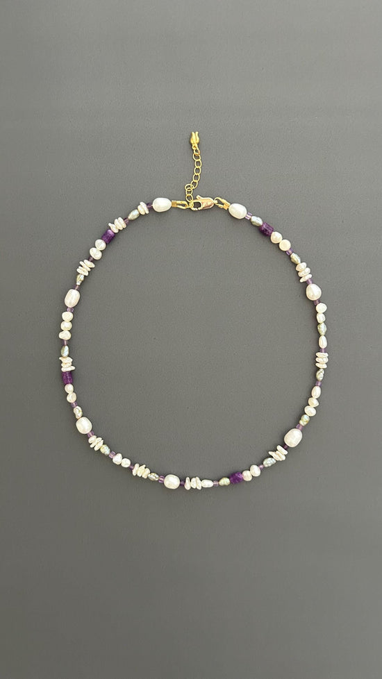 Handcrafted Pearl Choker, Purple Crystal Beaded Bohemian Necklace , Gift for Women