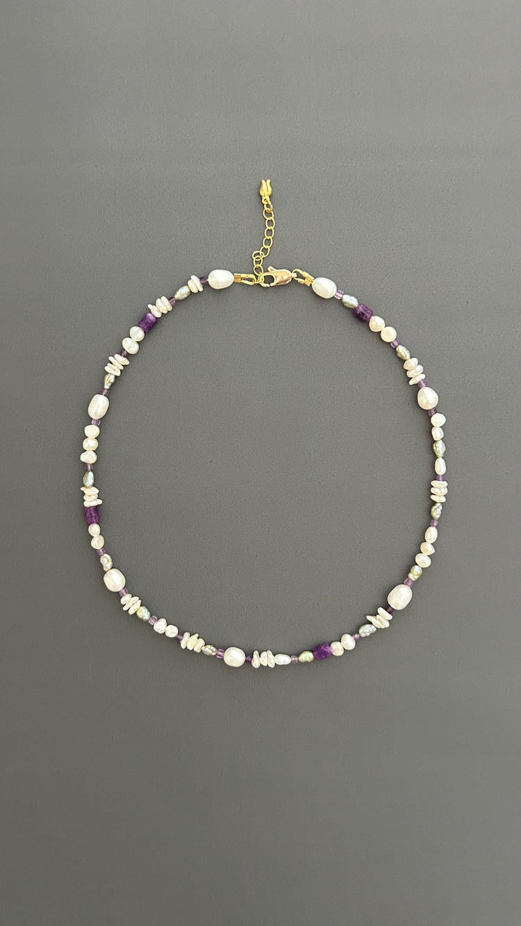 Handcrafted Pearl Choker, Purple Crystal Beaded Bohemian Necklace , Gift for Women