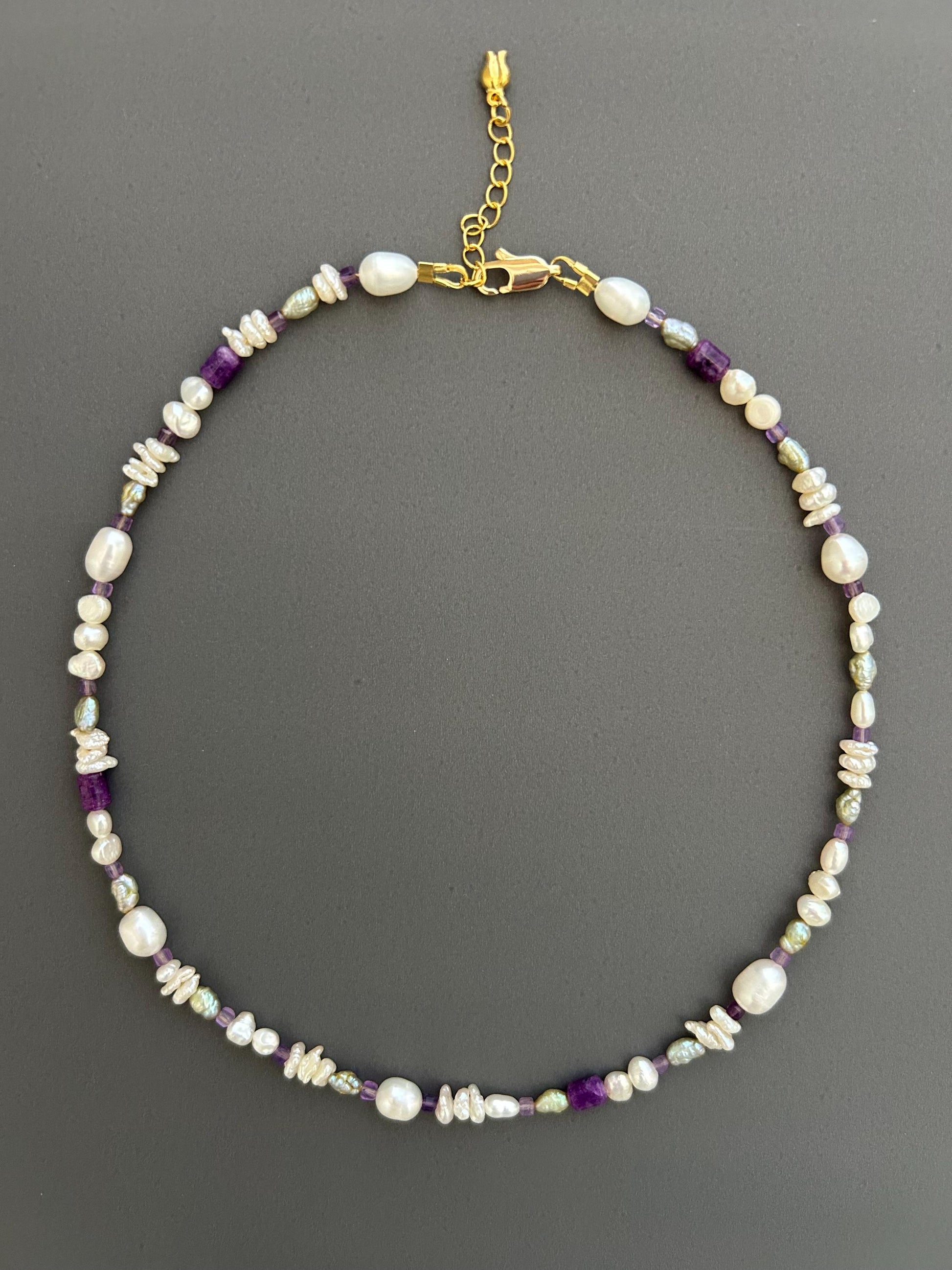 Handcrafted Pearl Choker, Purple Crystal Beaded Bohemian Necklace , Gift for Women
