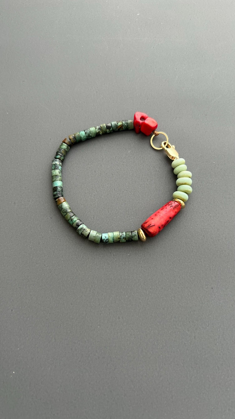 Handmade Bohemian Bracelet: Turquoise & Red Coral Beaded Jewelry