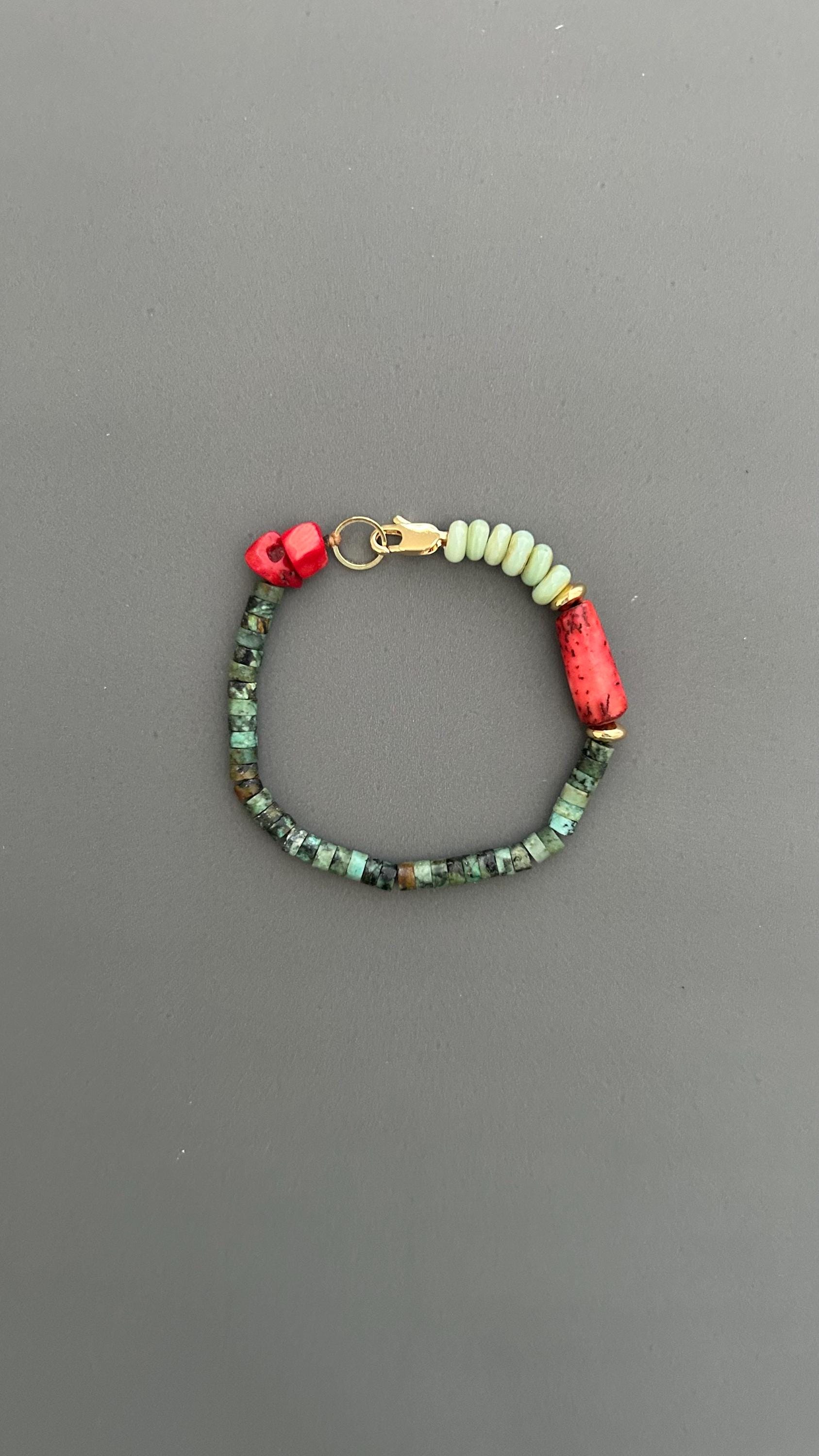 Handmade Bohemian Bracelet: Turquoise & Red Coral Beaded Jewelry