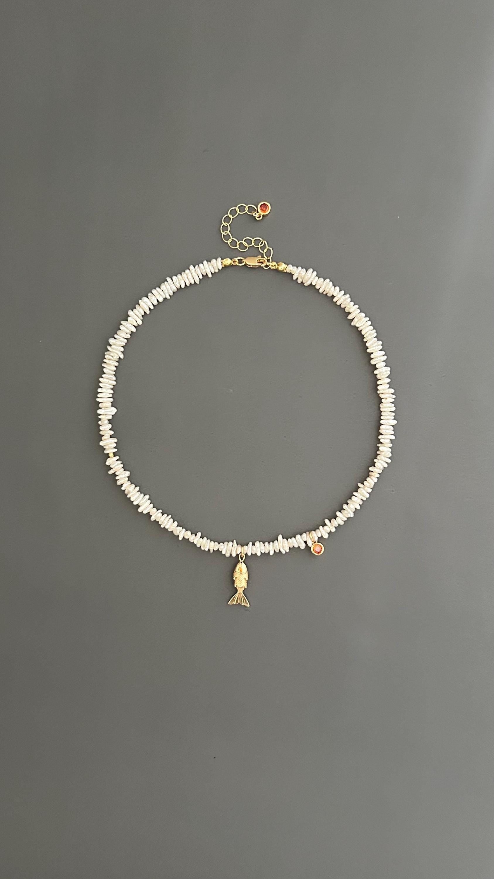Pearl Pendant Choker, Gold Fish Necklace Bohemian Adjustable Dainty Gift For Her Bridesmaid