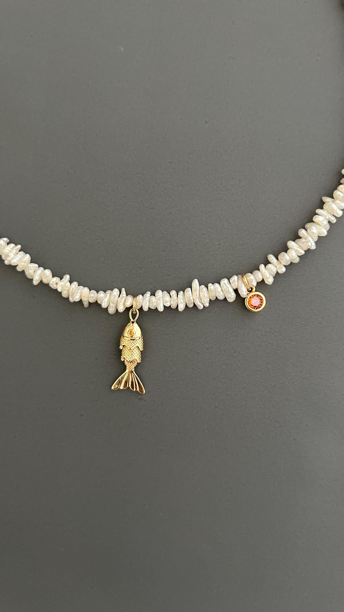 Pearl Pendant Choker, Gold Fish Necklace Bohemian Adjustable Dainty Gift For Her Bridesmaid