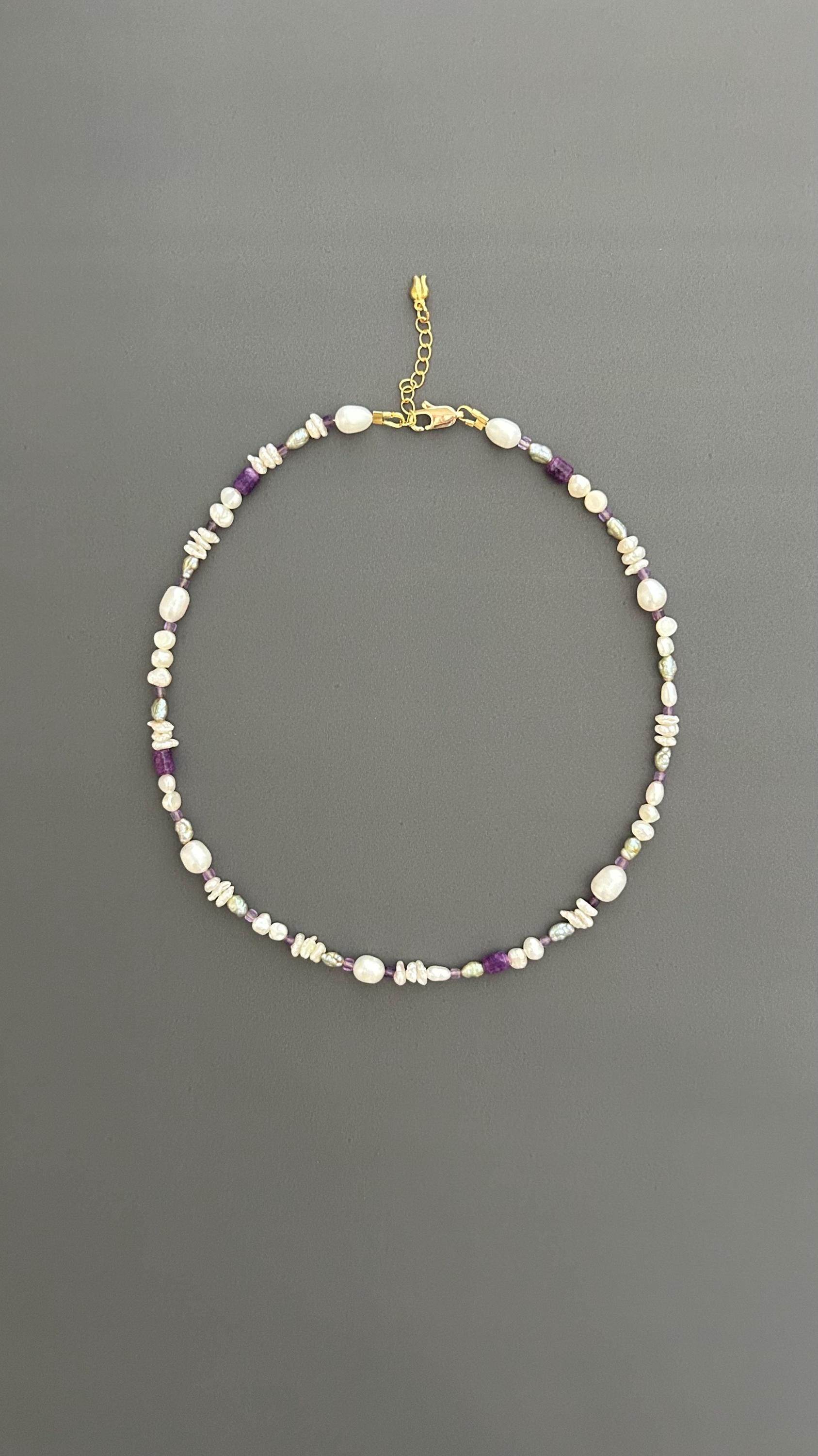Handcrafted Pearl Choker, Purple Crystal Beaded Bohemian Necklace , Gift for Women