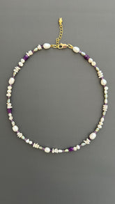 Handcrafted Pearl Choker, Purple Crystal Beaded Bohemian Necklace , Gift for Women