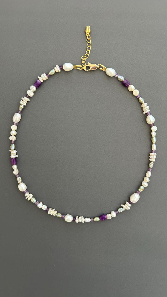 Handcrafted Pearl Choker, Purple Crystal Beaded Bohemian Necklace , Gift for Women