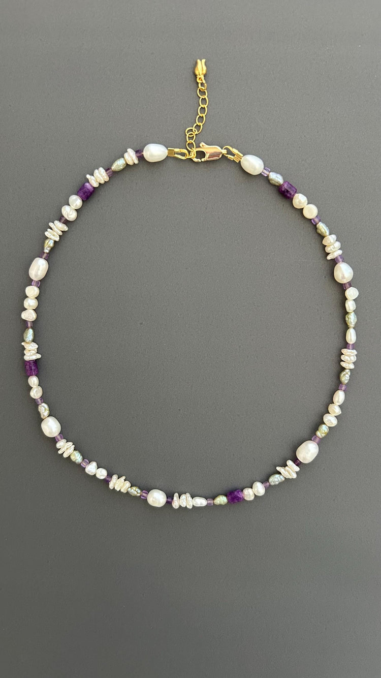 Handcrafted Pearl Choker, Purple Crystal Beaded Bohemian Necklace , Gift for Women