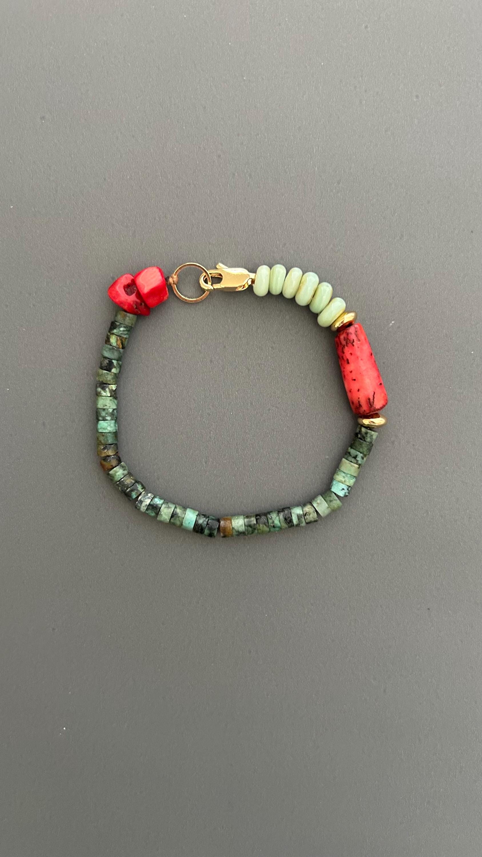 Handmade Bohemian Bracelet: Turquoise & Red Coral Beaded Jewelry