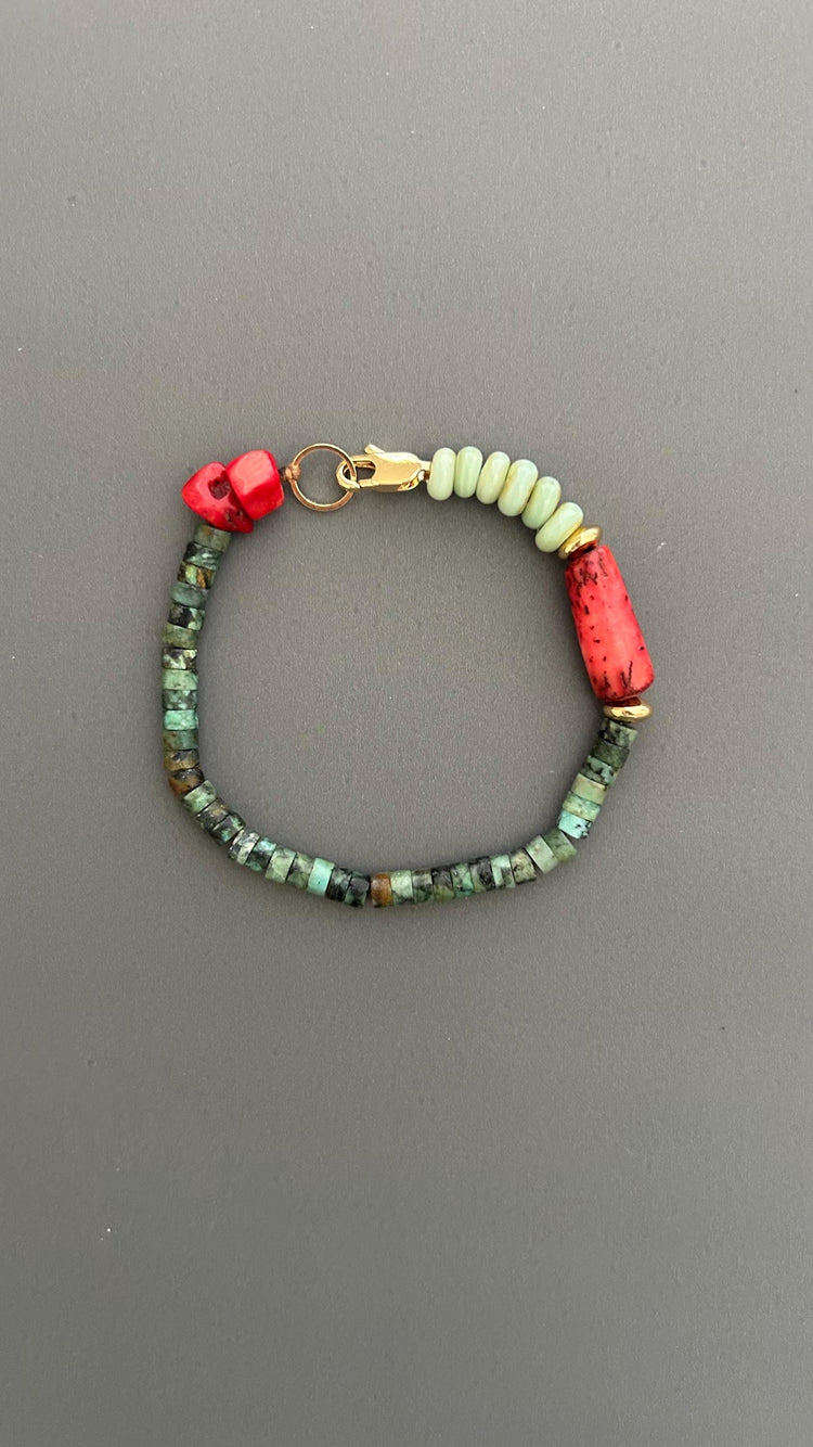 Handmade Bohemian Bracelet: Turquoise & Red Coral Beaded Jewelry