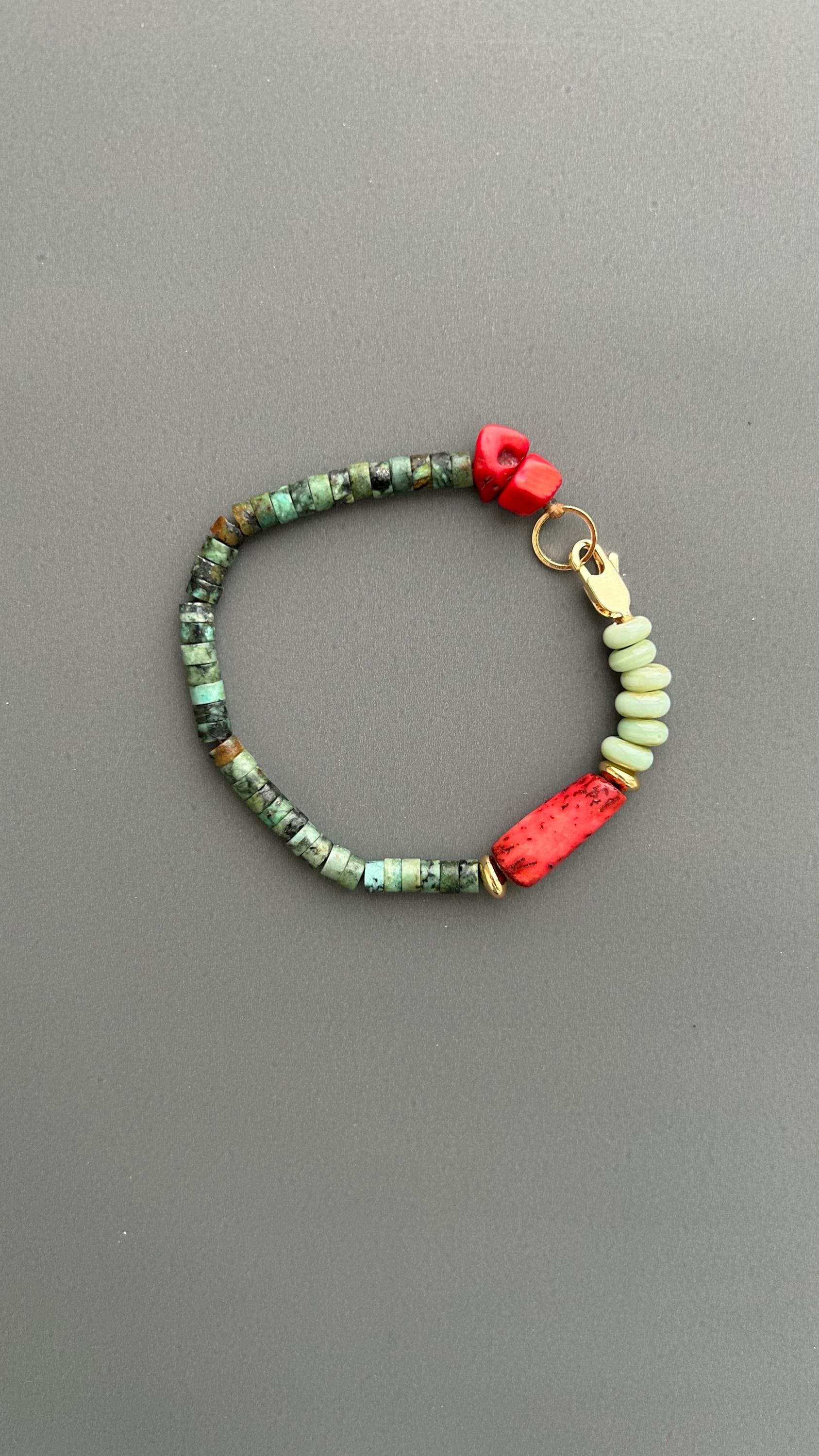 Handmade Bohemian Bracelet: Turquoise & Red Coral Beaded Jewelry