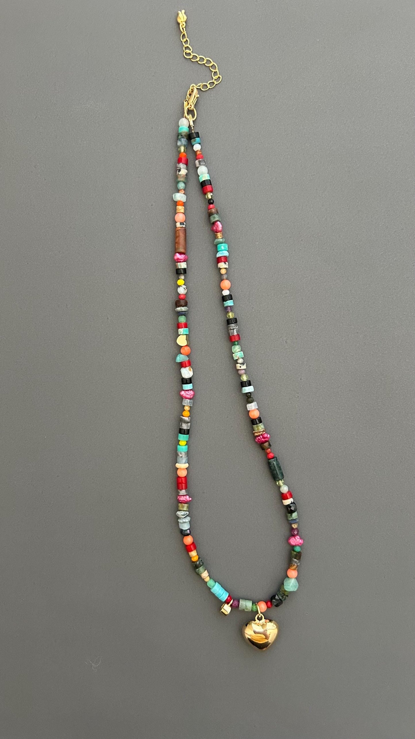 Rainbow Heart Pendant Necklace - Colorful Gemstone Beaded Maximalist Statement Jewelry Adjustable Handmade Artist Necklace