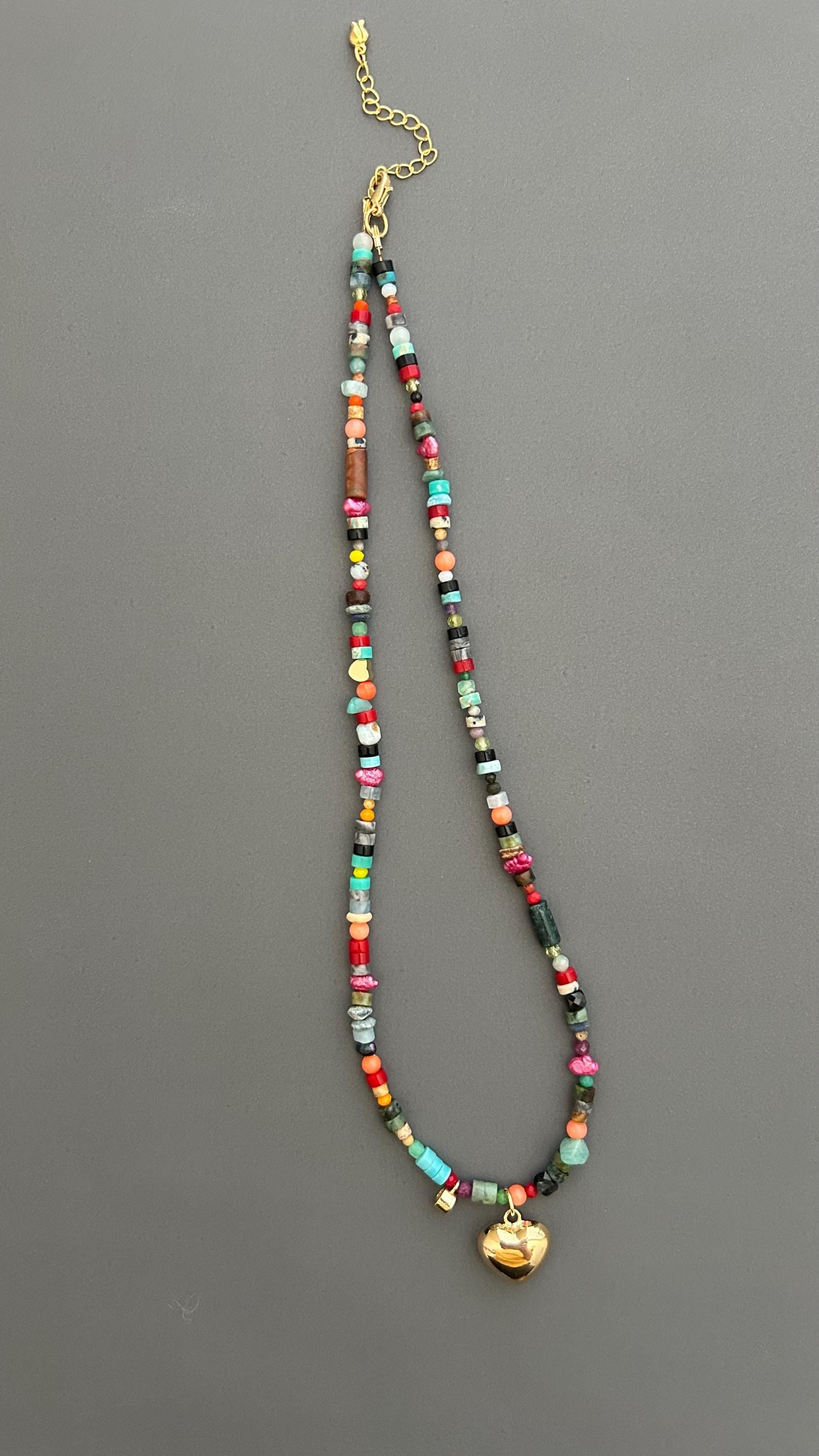 Rainbow Heart Pendant Necklace - Colorful Gemstone Beaded Maximalist Statement Jewelry Adjustable Handmade Artist Necklace
