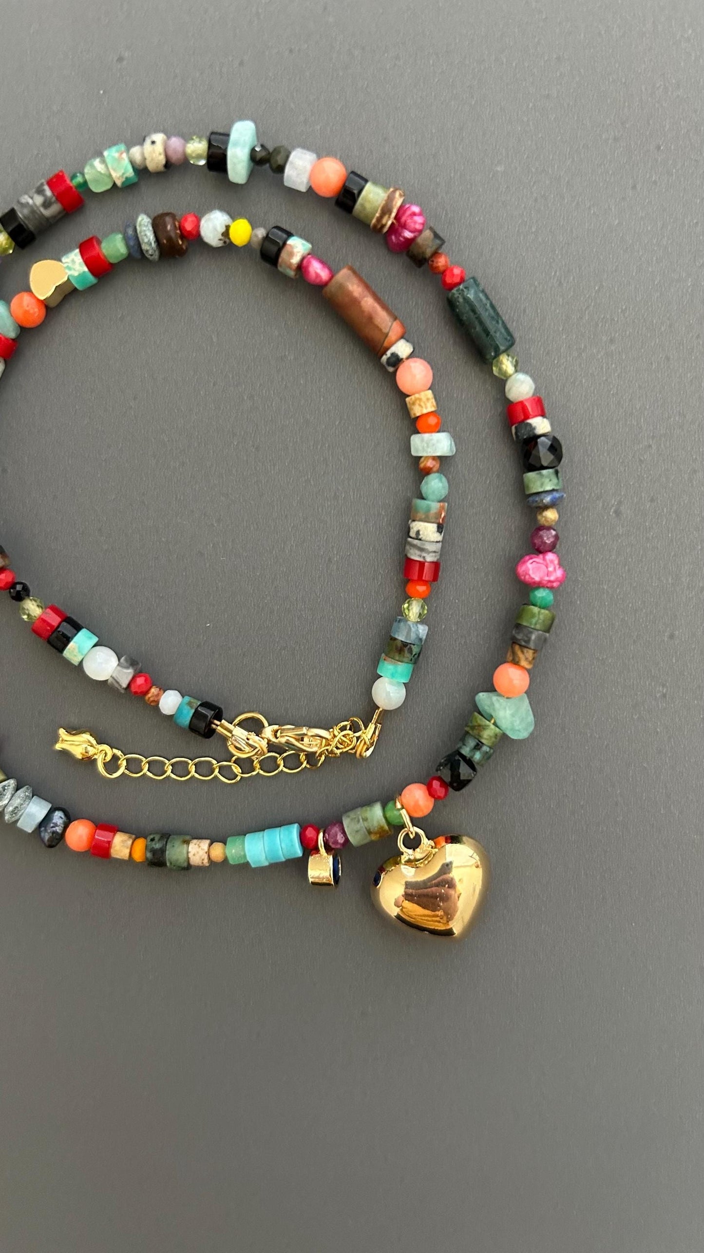 Rainbow Heart Pendant Necklace - Colorful Gemstone Beaded Maximalist Statement Jewelry Adjustable Handmade Artist Necklace