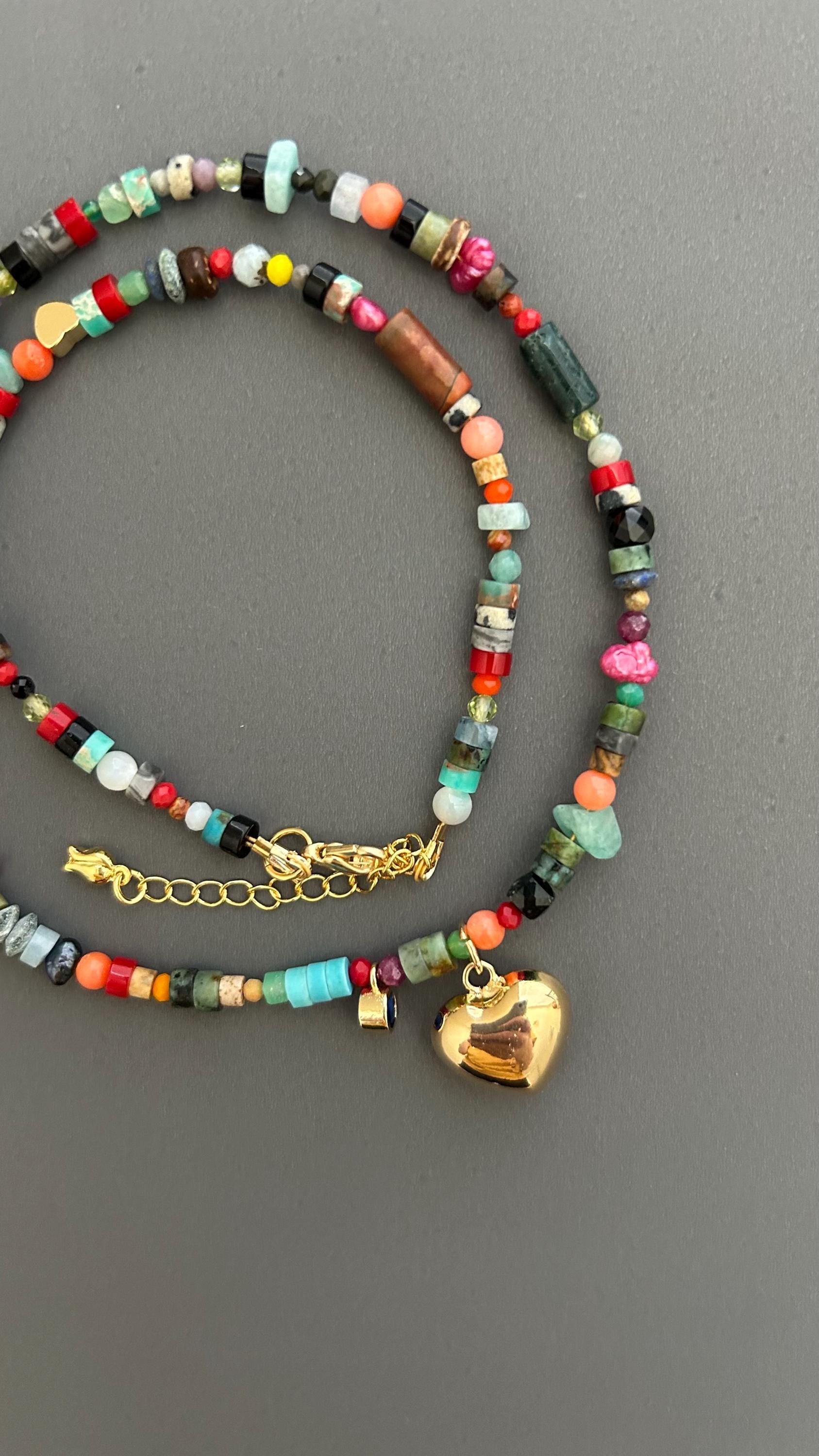 Rainbow Heart Pendant Necklace - Colorful Gemstone Beaded Maximalist Statement Jewelry Adjustable Handmade Artist Necklace