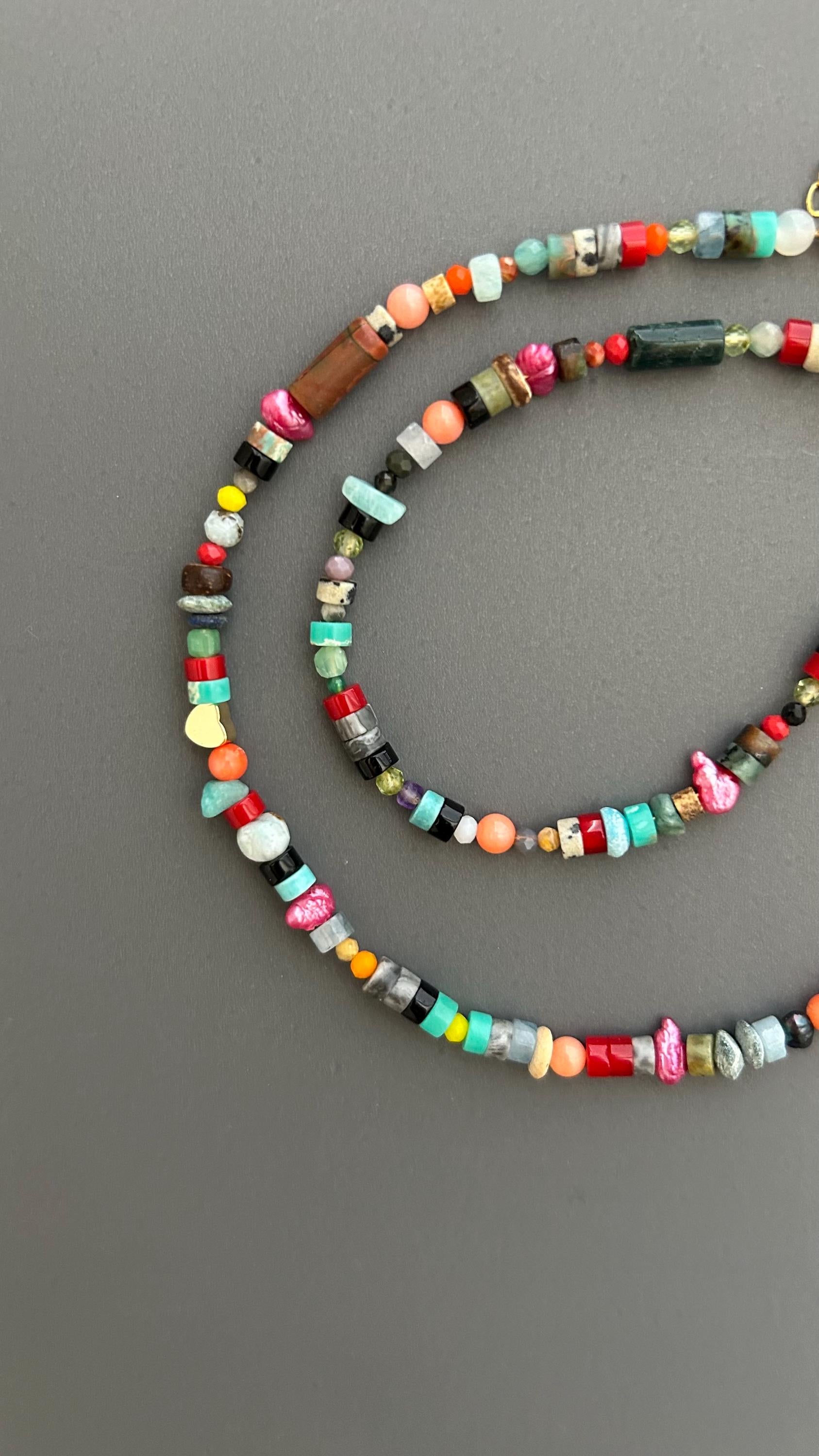 Rainbow Heart Pendant Necklace - Colorful Gemstone Beaded Maximalist Statement Jewelry Adjustable Handmade Artist Necklace