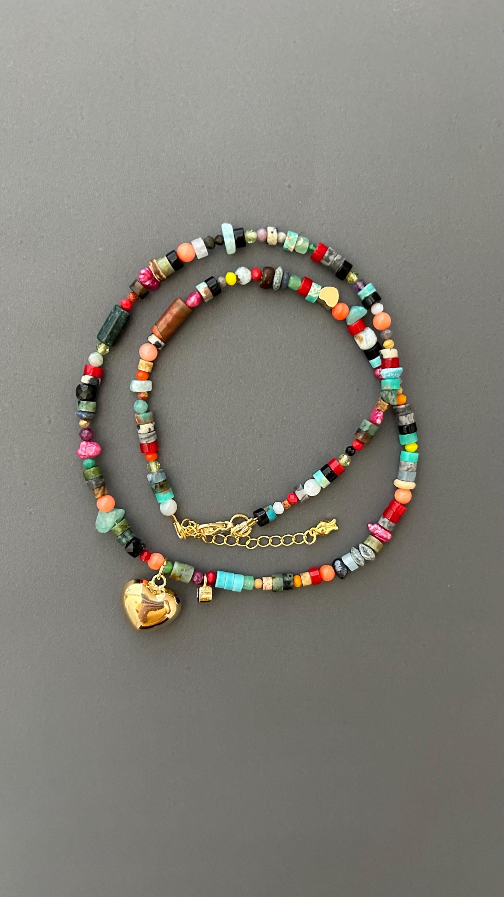Rainbow Heart Pendant Necklace - Colorful Gemstone Beaded Maximalist Statement Jewelry Adjustable Handmade Artist Necklace