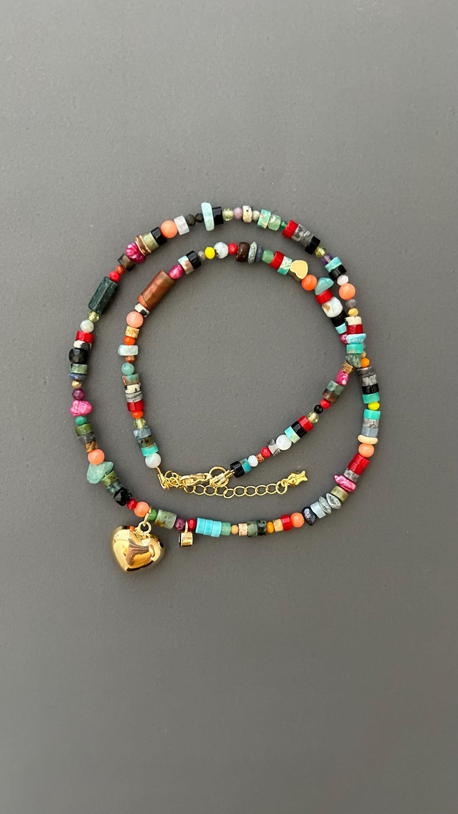 Rainbow Heart Pendant Necklace - Colorful Gemstone Beaded Maximalist Statement Jewelry Adjustable Handmade Artist Necklace