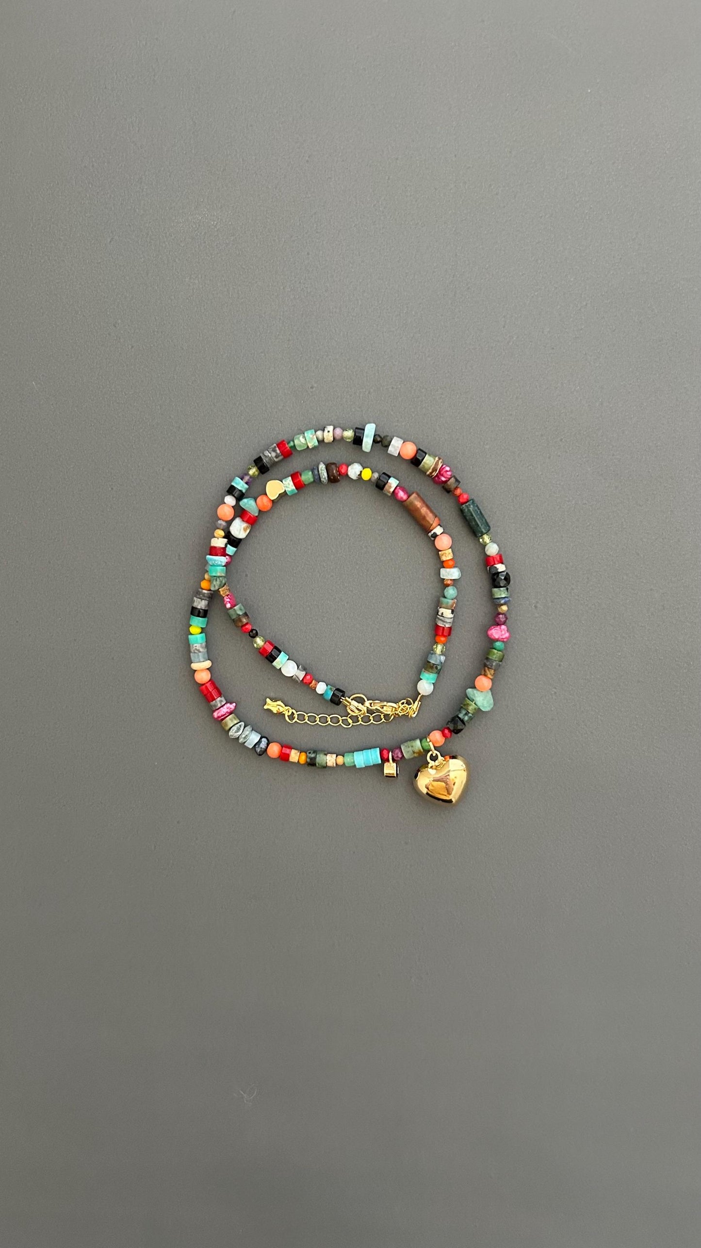 Rainbow Heart Pendant Necklace - Colorful Gemstone Beaded Maximalist Statement Jewelry Adjustable Handmade Artist Necklace