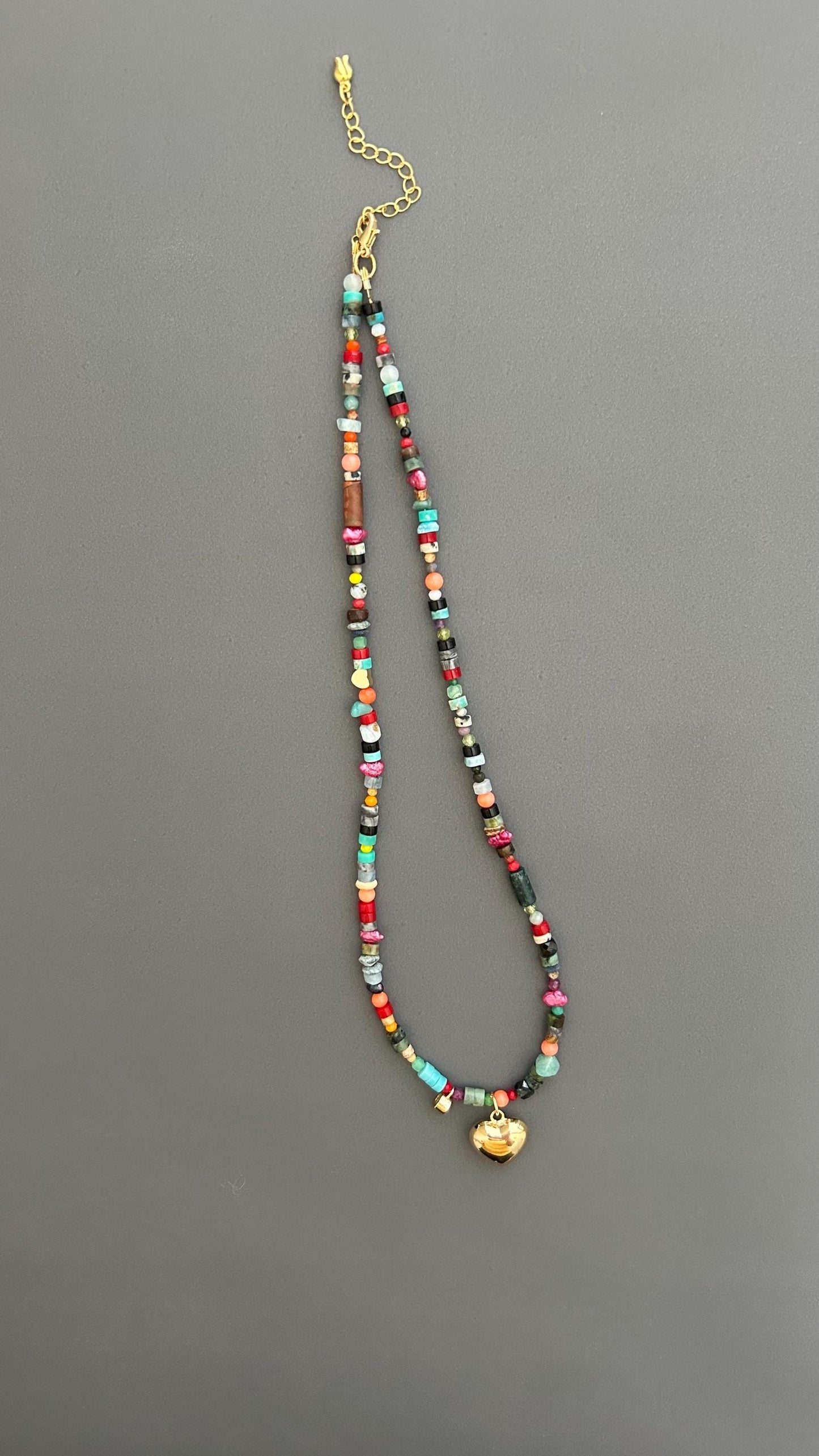 Rainbow Heart Pendant Necklace - Colorful Gemstone Beaded Maximalist Statement Jewelry Adjustable Handmade Artist Necklace