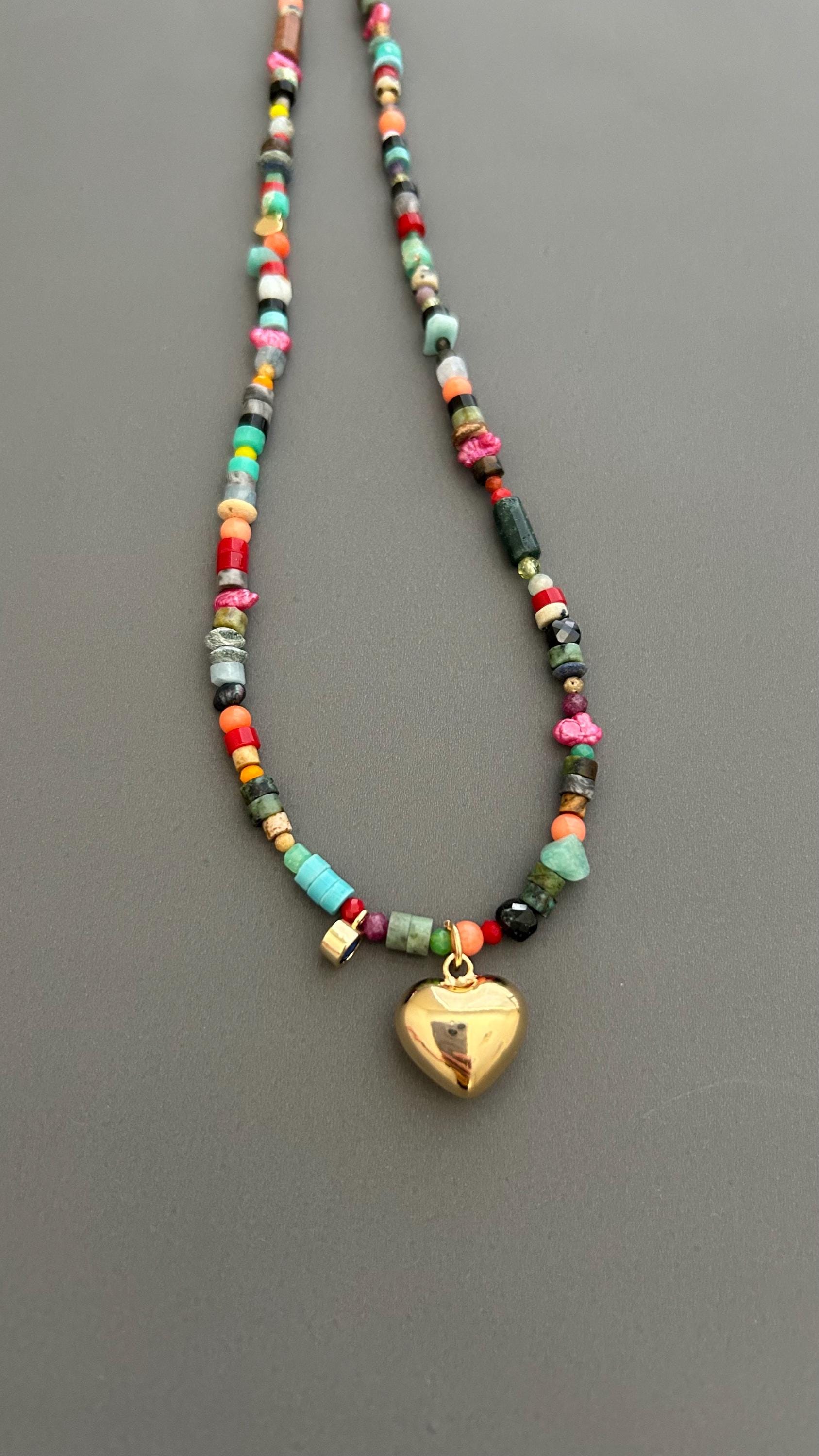 Rainbow Heart Pendant Necklace - Colorful Gemstone Beaded Maximalist Statement Jewelry Adjustable Handmade Artist Necklace