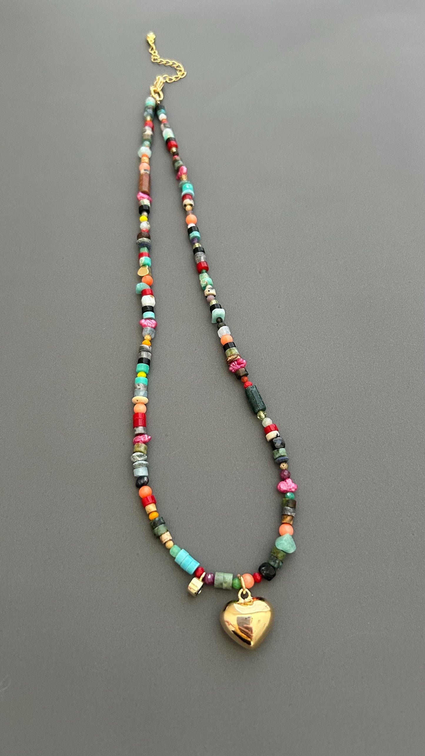 Rainbow Heart Pendant Necklace - Colorful Gemstone Beaded Maximalist Statement Jewelry Adjustable Handmade Artist Necklace