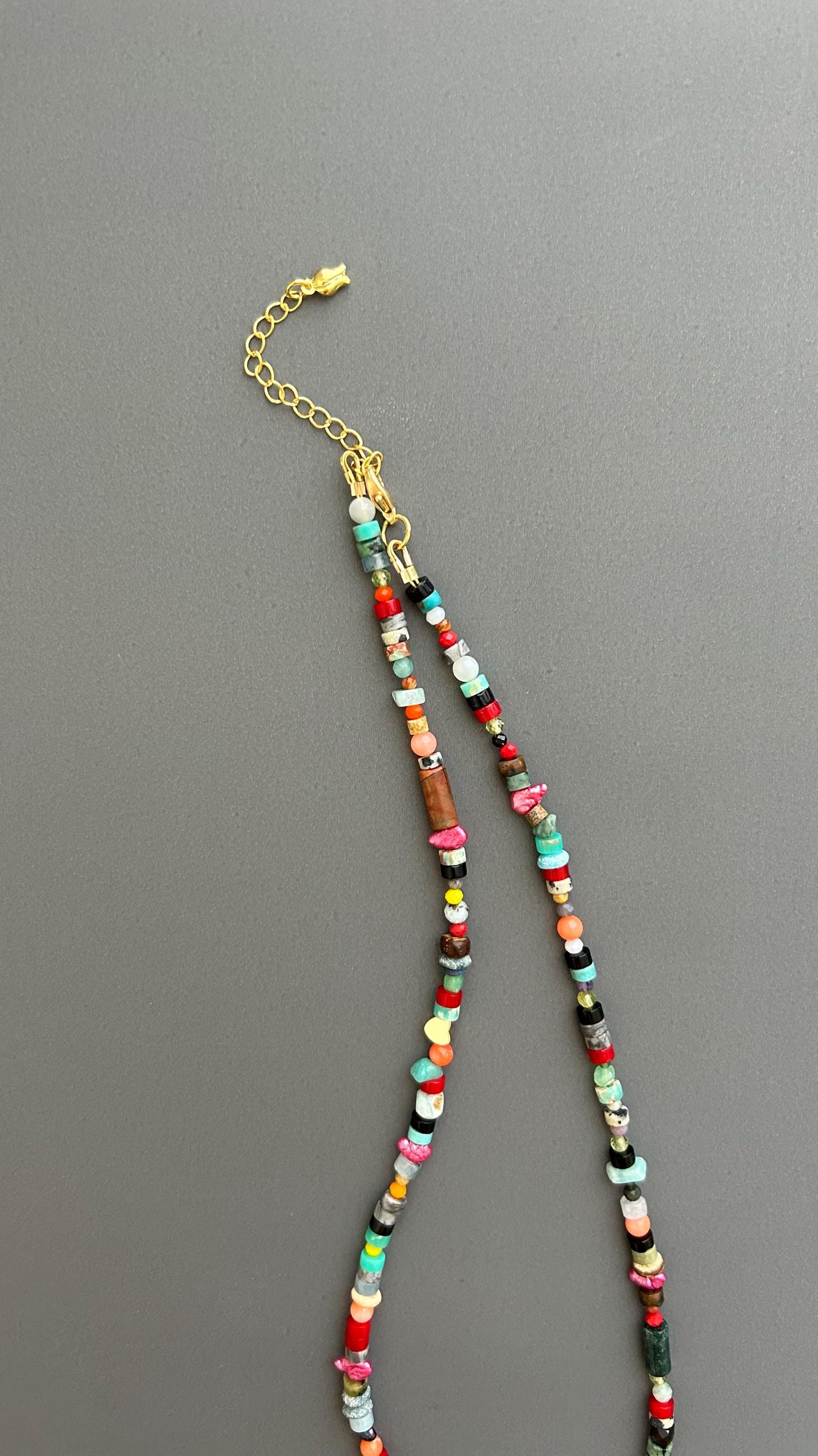 Rainbow Heart Pendant Necklace - Colorful Gemstone Beaded Maximalist Statement Jewelry Adjustable Handmade Artist Necklace