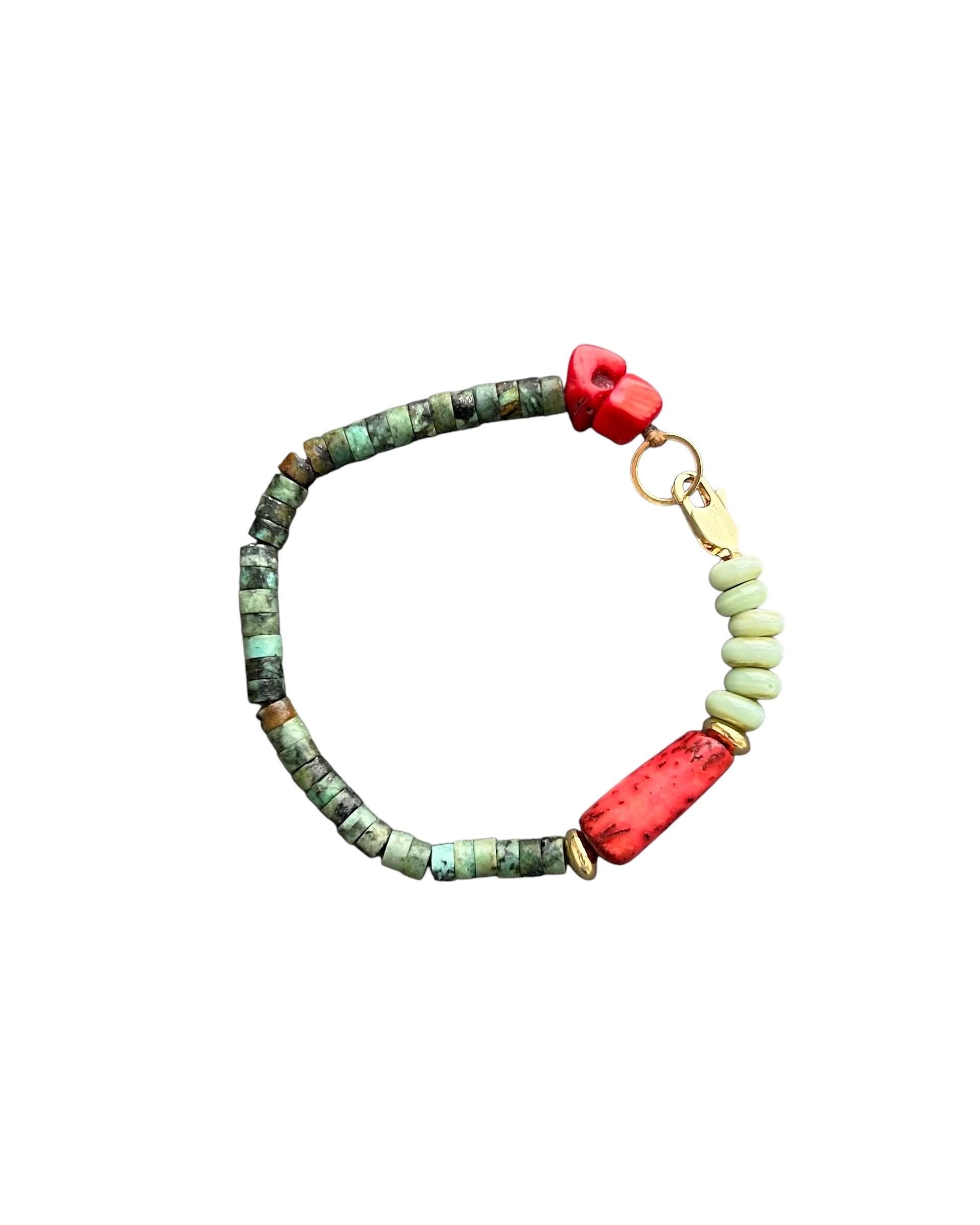 Handmade Bohemian Bracelet: Turquoise & Red Coral Beaded Jewelry