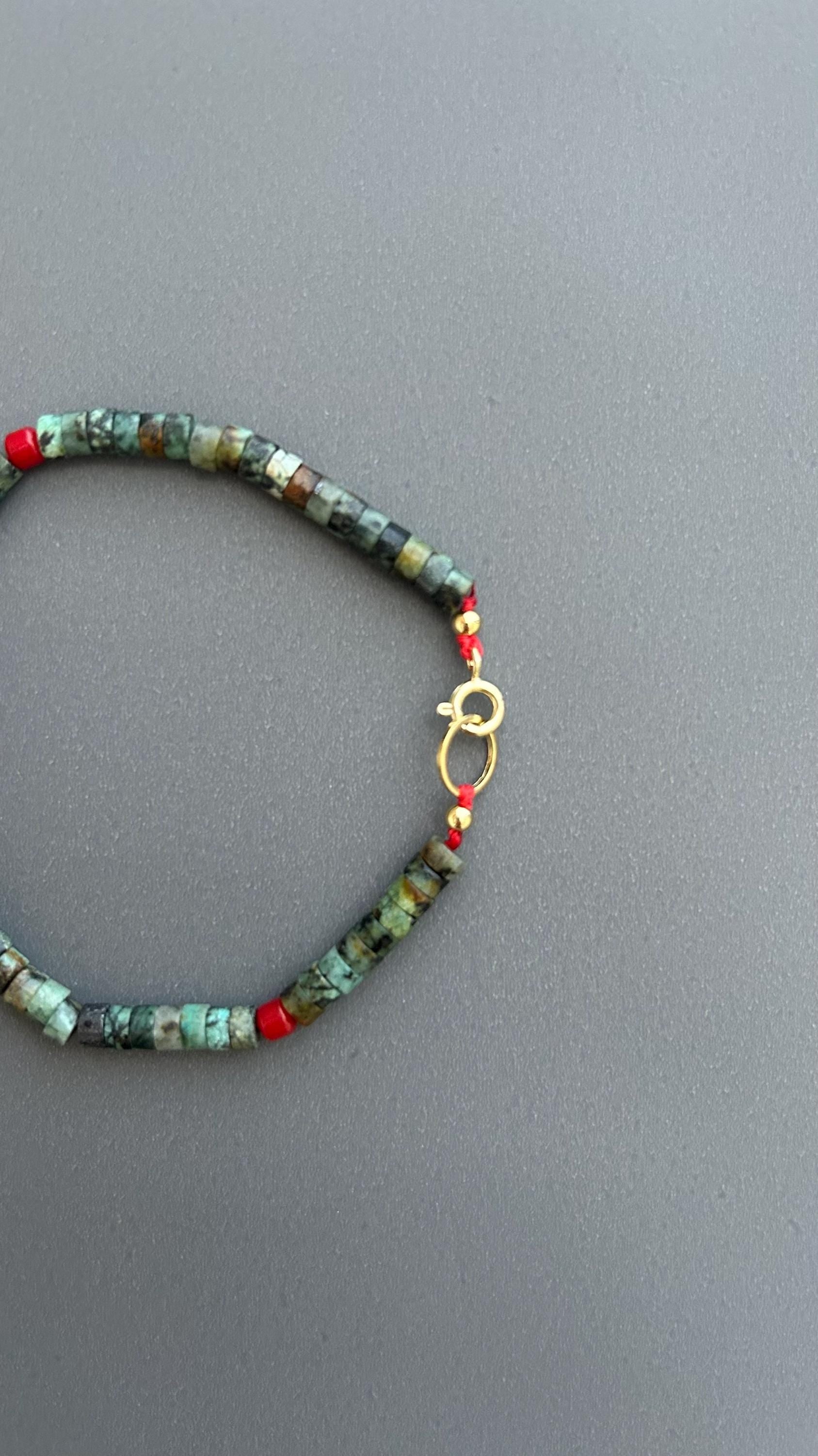 Red Coral Turquoise Beaded Bracelet: Handmade Boho Bangle