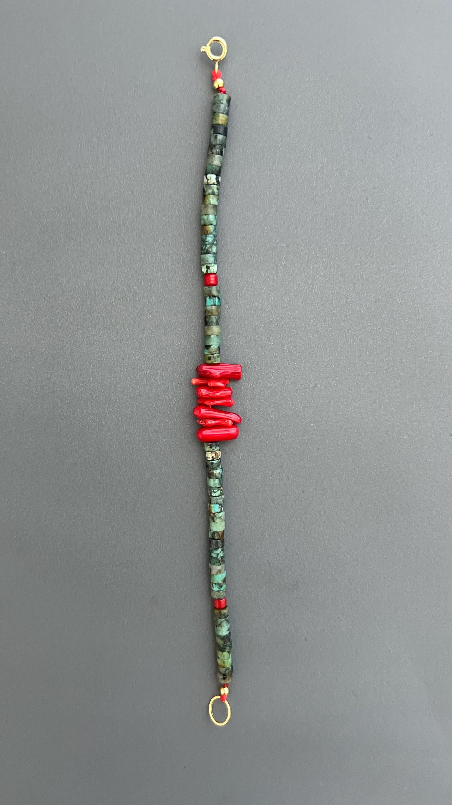 Red Coral Turquoise Beaded Bracelet: Handmade Boho Bangle