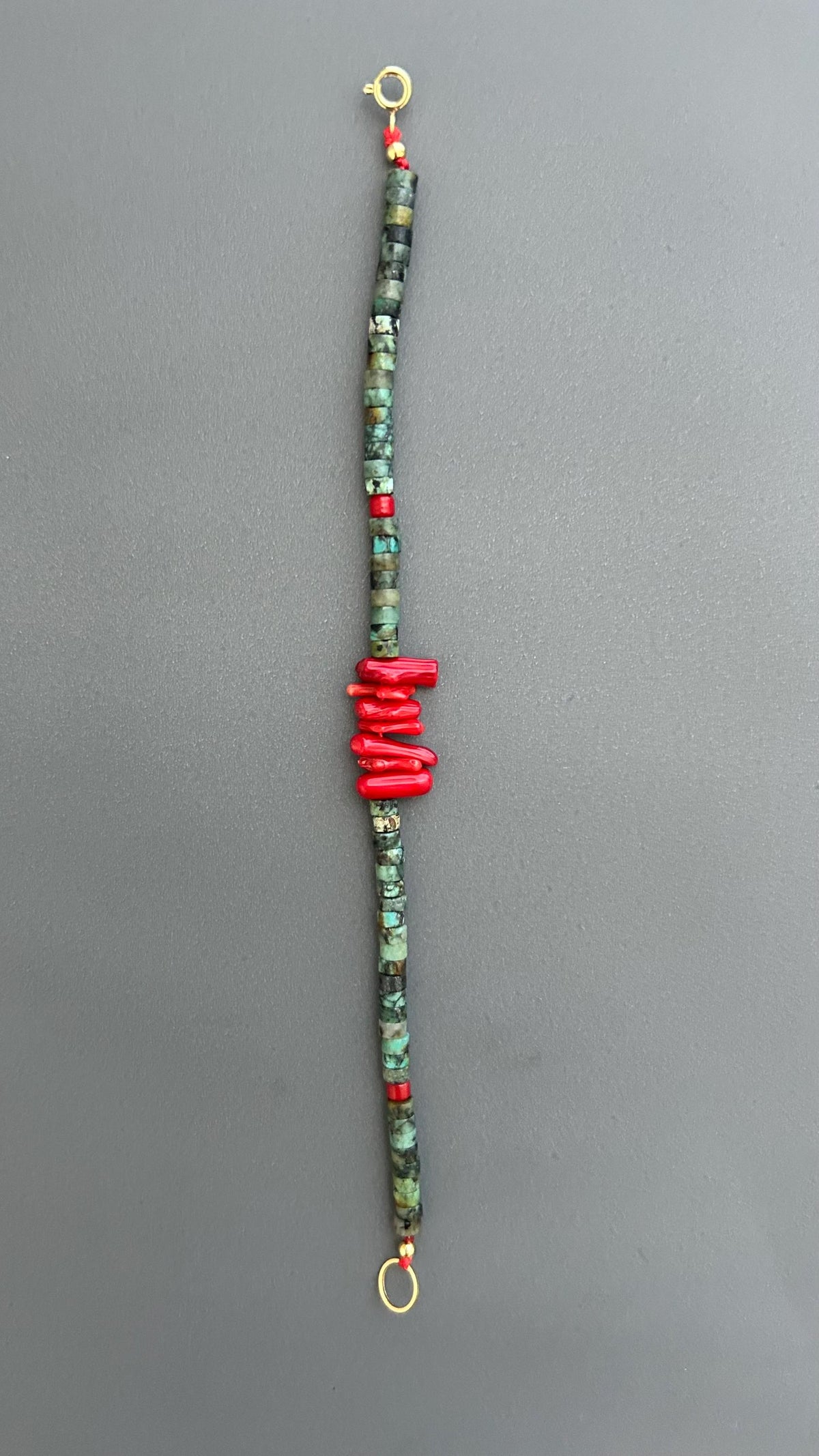 Red Coral Turquoise Beaded Bracelet: Handmade Boho Bangle