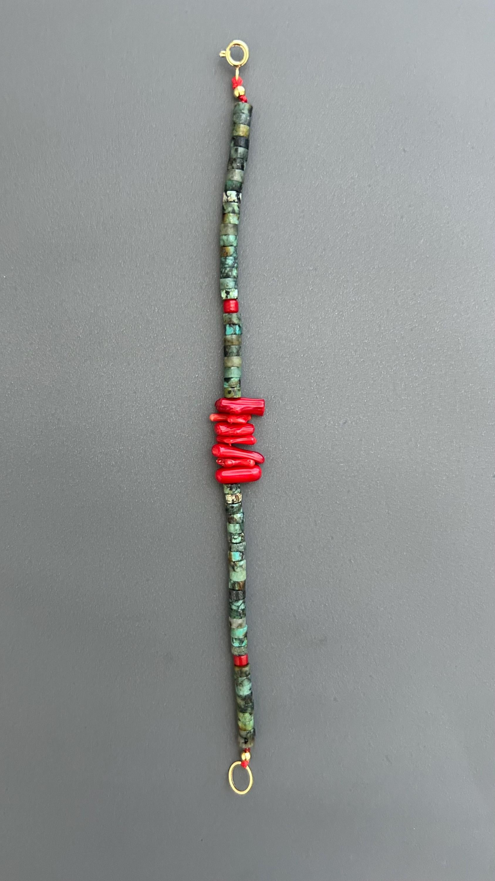 Red Coral Turquoise Beaded Bracelet: Handmade Boho Bangle