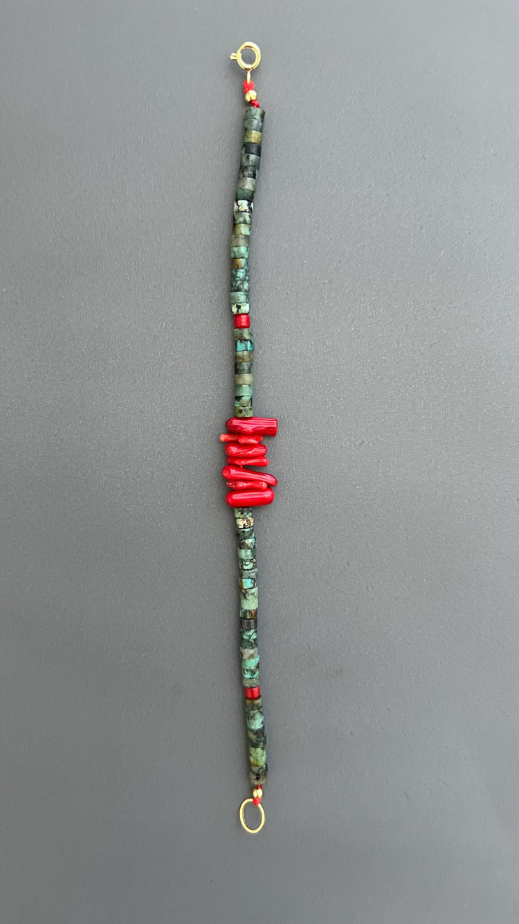 Red Coral Turquoise Beaded Bracelet: Handmade Boho Bangle