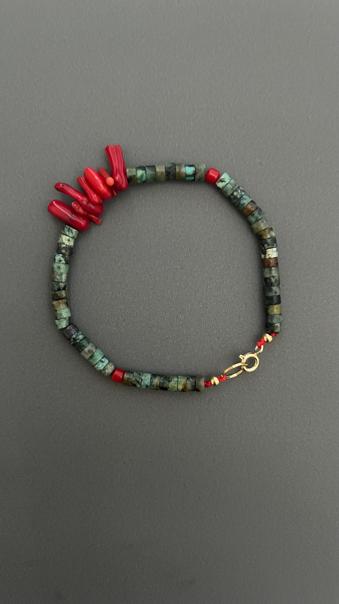 Red Coral Turquoise Beaded Bracelet: Handmade Boho Bangle
