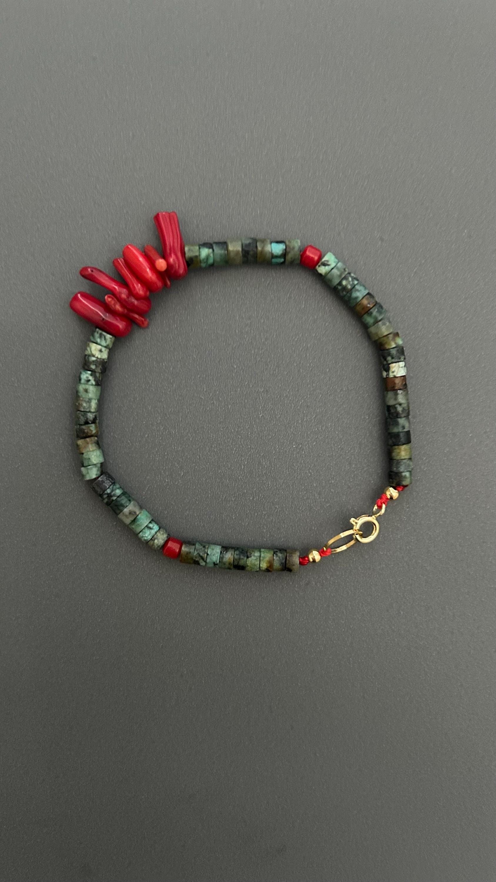 Red Coral Turquoise Beaded Bracelet: Handmade Boho Bangle