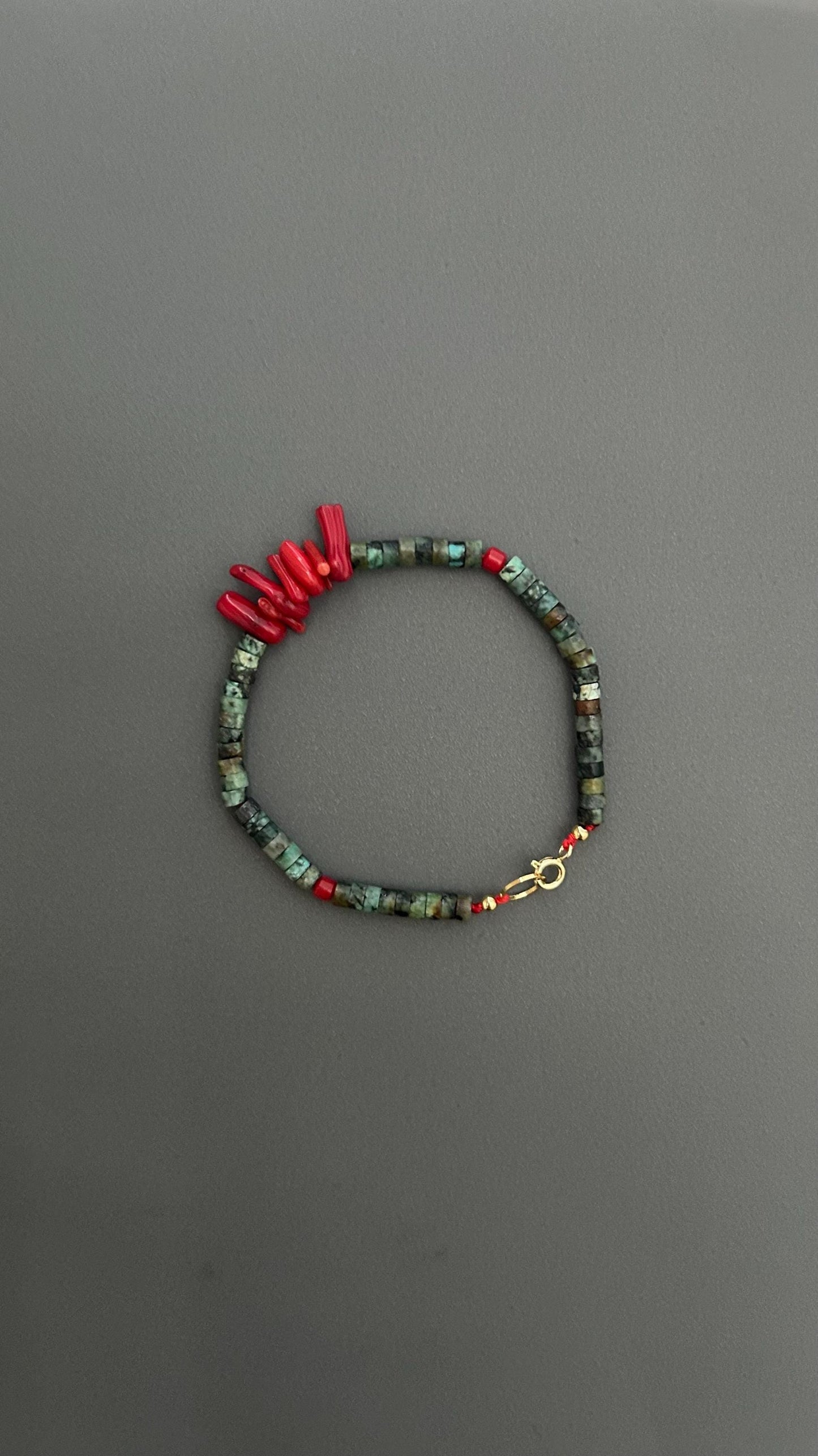Red Coral Turquoise Beaded Bracelet: Handmade Boho Bangle